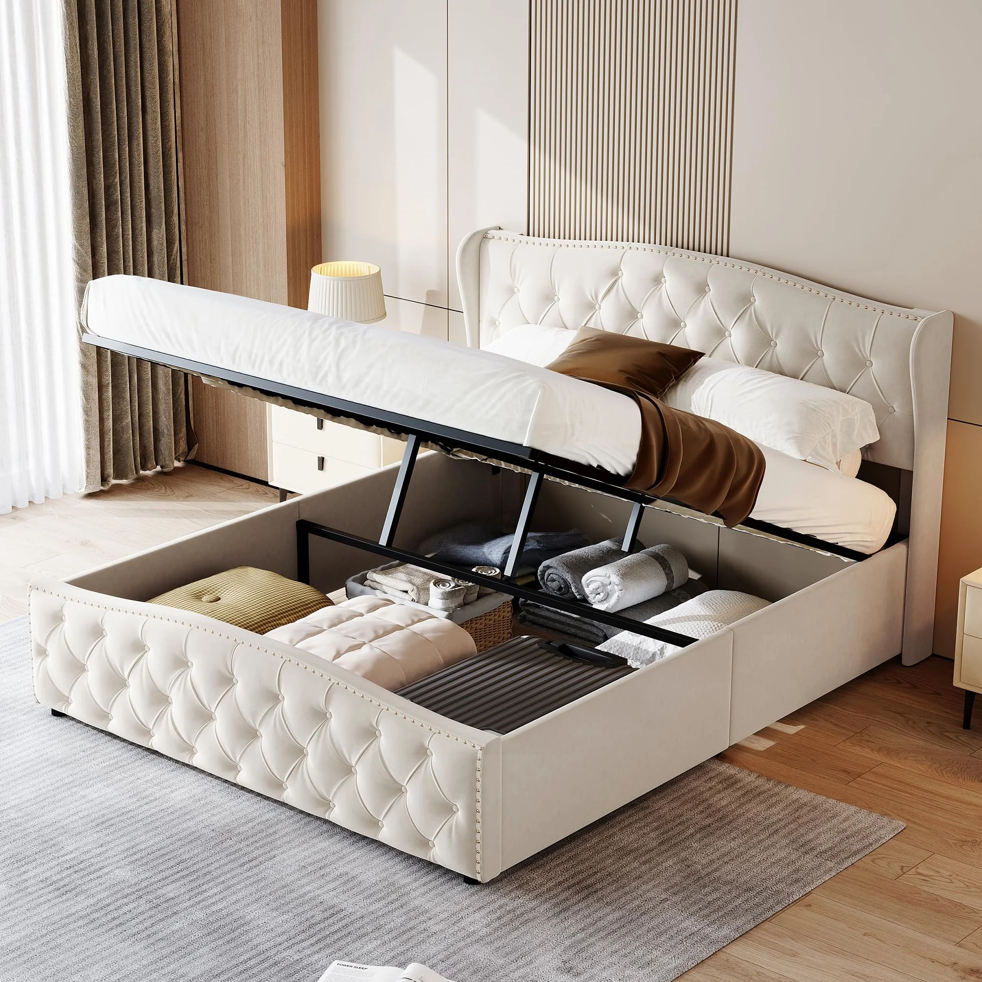 Cama Tapizada 140x200 cm con Canapé Abatible y Somier, Estructura de Cama Doble de Terciopelo con Espacio de Almacenaje, Cabecero Ondulado con Remaches, Soporta 250 kg, Blanco Crema (Sin Colchón)