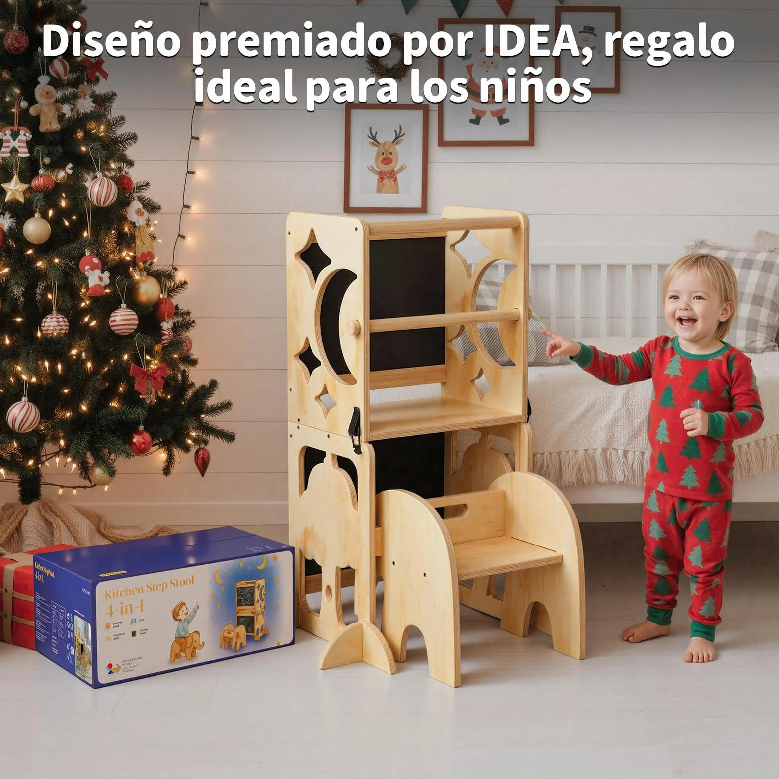 COSYLAND Torre de Aprendizaje Infantil 4 en 1 con Barandilla de Seguridad, Plegable, Doble Pizarra, Natural