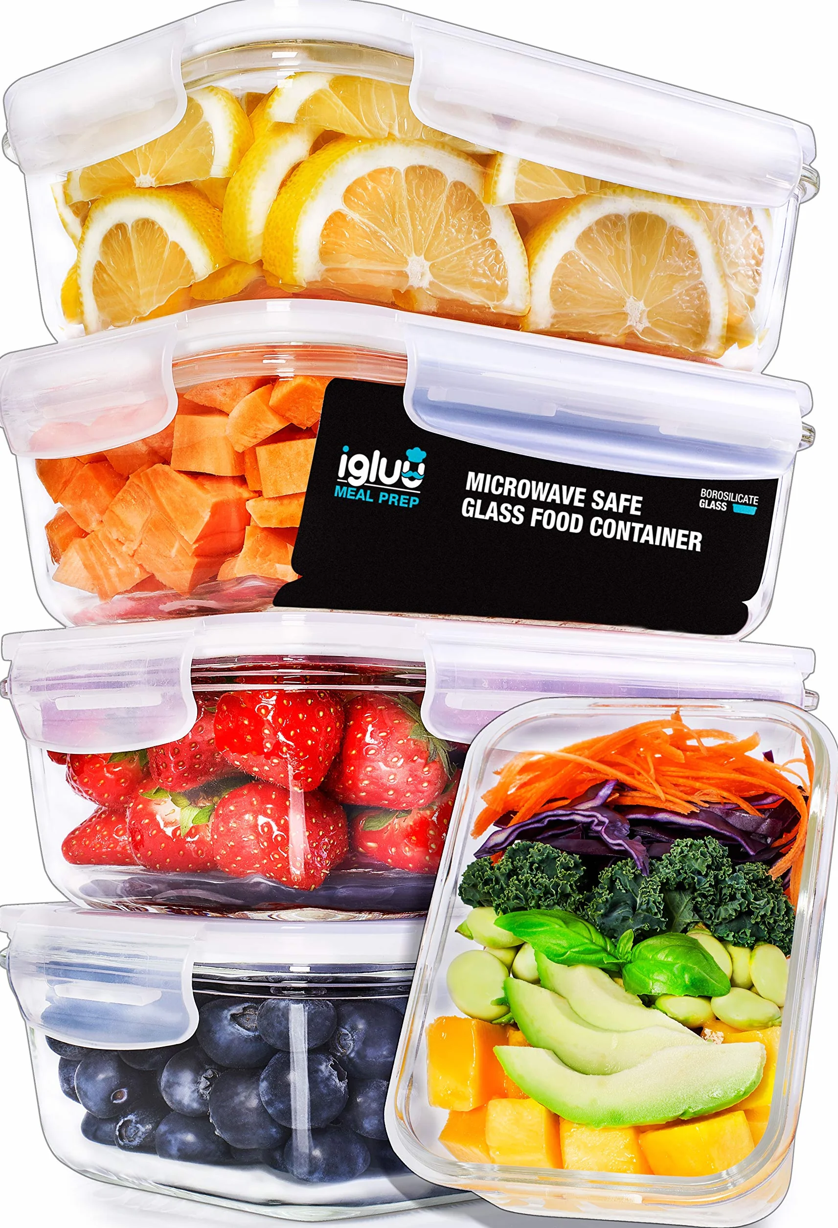 Igluu Meal Prep Recipientes de Cristal (Set de 5 y Tapa Extra) – 840ml | Rectángulo – Con Válvula de Ventilación, Sin BPA – Horno, Freidora de Aire, Microondas y Lavavajillas – Borosilicato