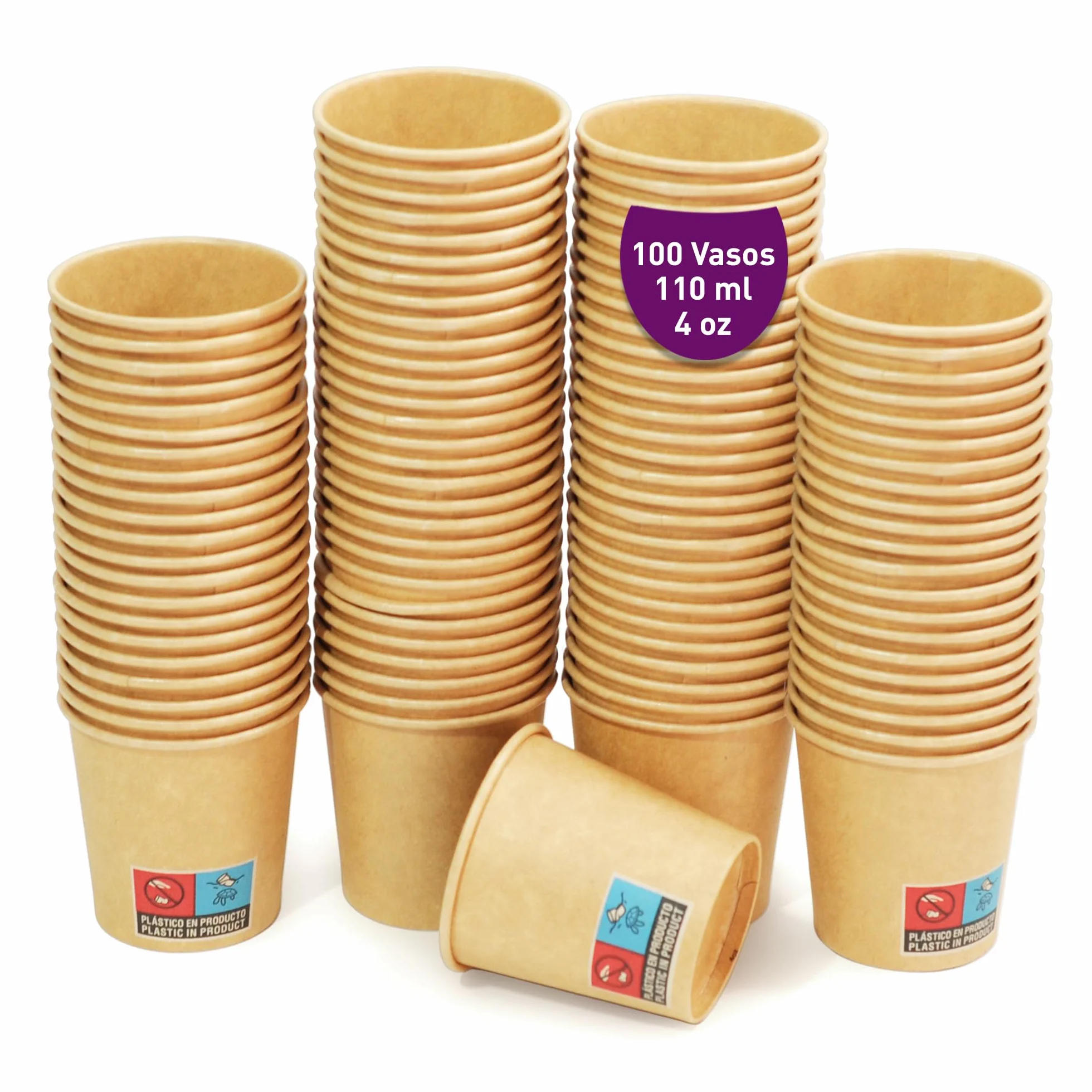 100 Vasos Desechables Papel Kraft de 110ml / 4 oz para Café Espresso y Lungo. Para bebidas frías y calientes. Vasos cartón desechables