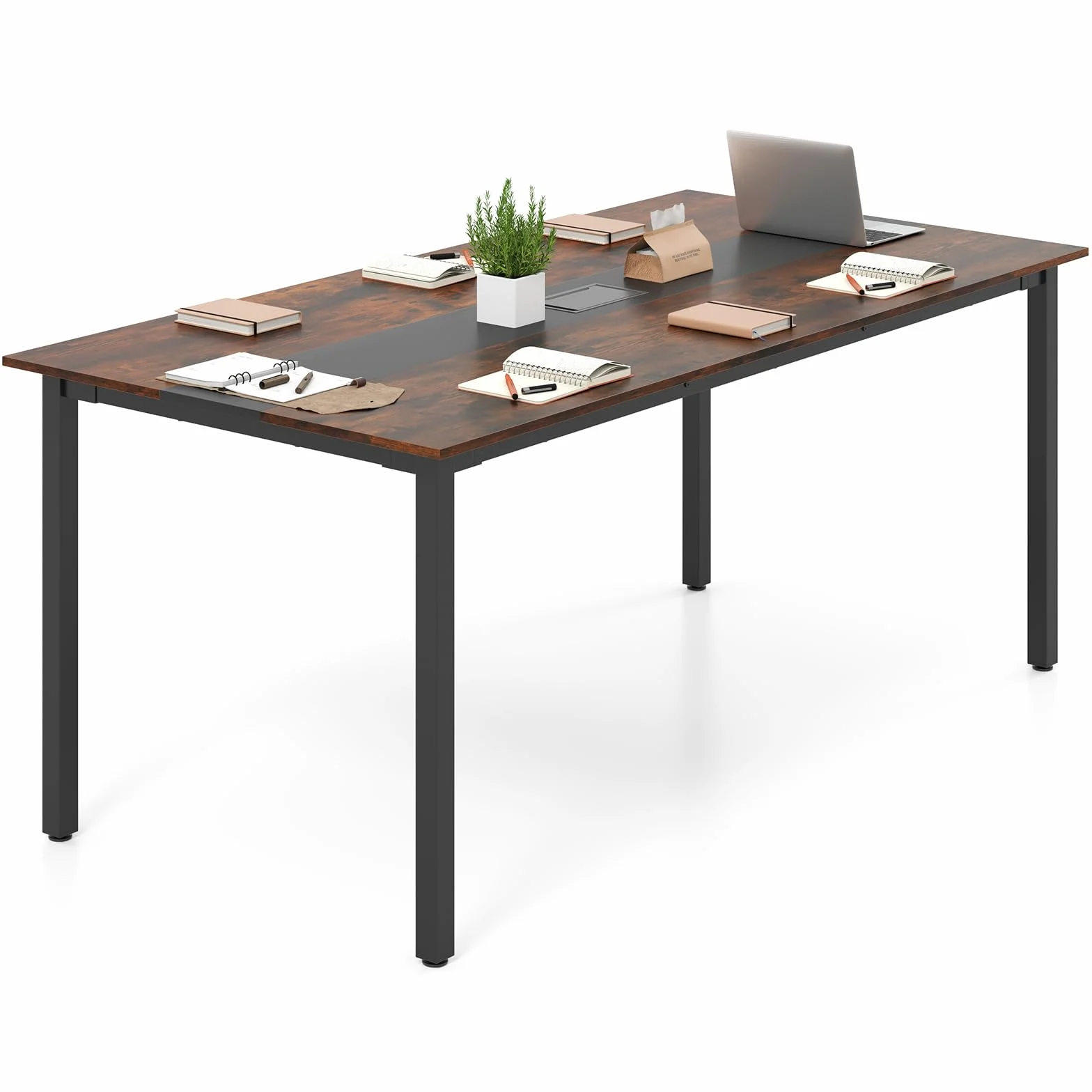 COSTWAY Mesa de Reunión 180x90 cm, Mesa Grande de para 8-10 Personas, Escritorio Rectangular con Orificio para Cables, Marrón Rústico, Oficina, Sala de Juntas