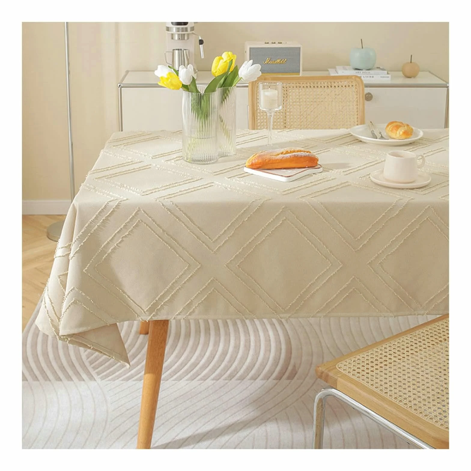 Gualiy Manteles Cuadrados Restaurante, Algodón Lino Mantel Comedor 135x240CM Manteles Mesa Antimanchas Patrón de Rombo Mantel para Mesas de Sala, Caqui