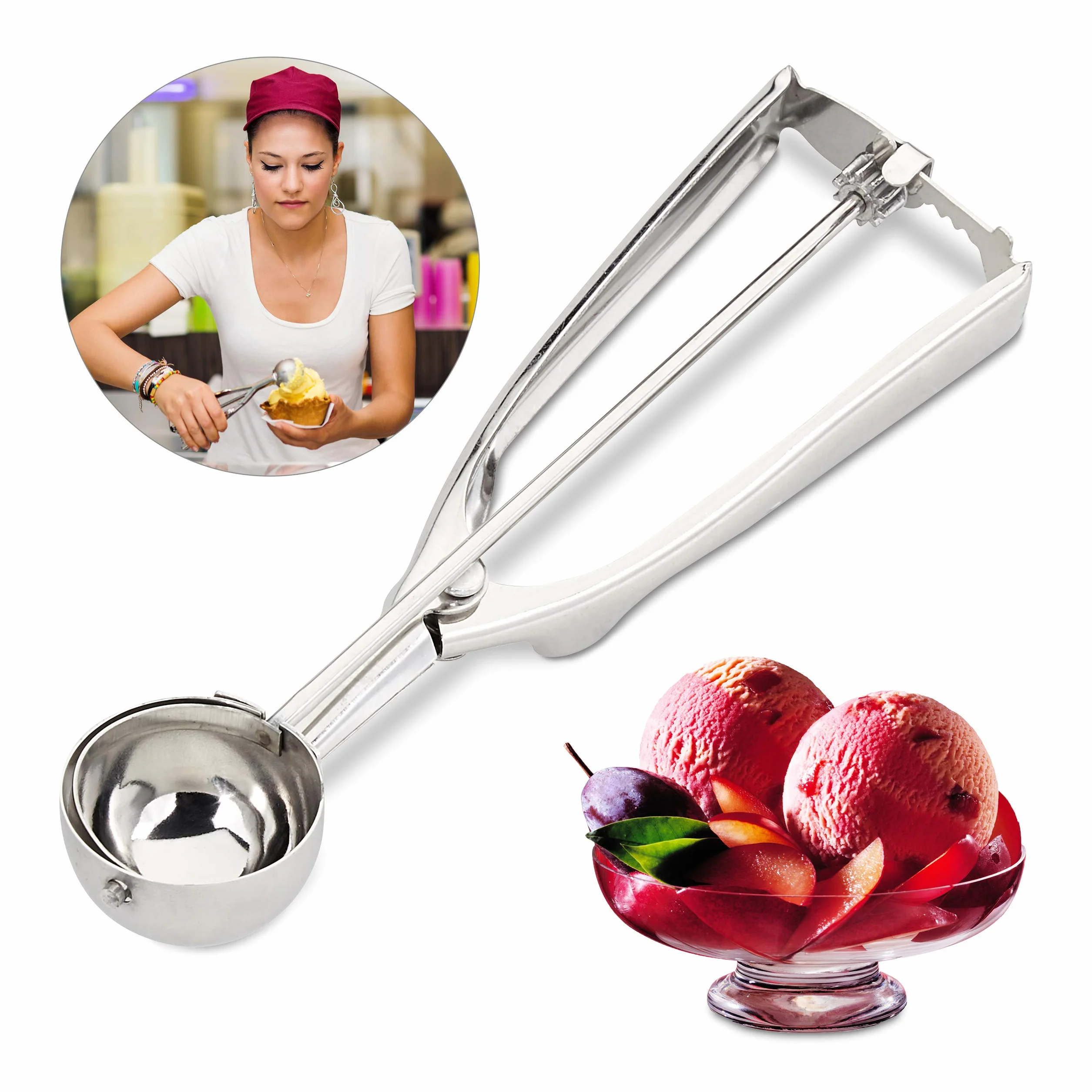 Relaxdays Cuchara Helado con Disparador para Bolas de Helado, Fruta y Masa de Galletas, Acero inoxidable, Plateado, ∅ 39 mm