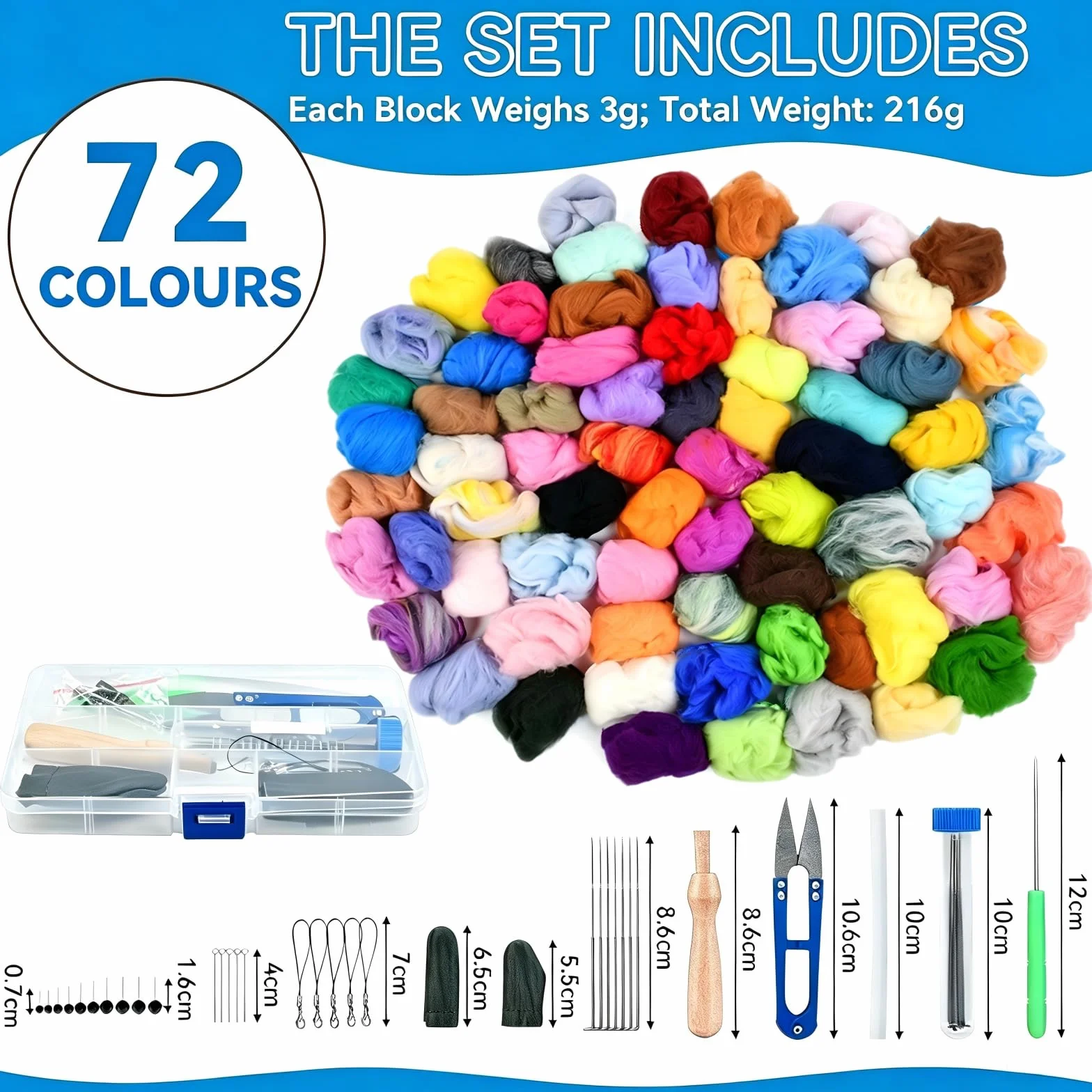 Juego de Lana de Fieltro De 72 Colores Para Manualidades, Kit Afieltrado Principiantes Con 3 Tamaños Agujas Fieltro, Mango Madera Reforzado Anti-Afloje y Caja Plástica, Lana Merino Para Remendar