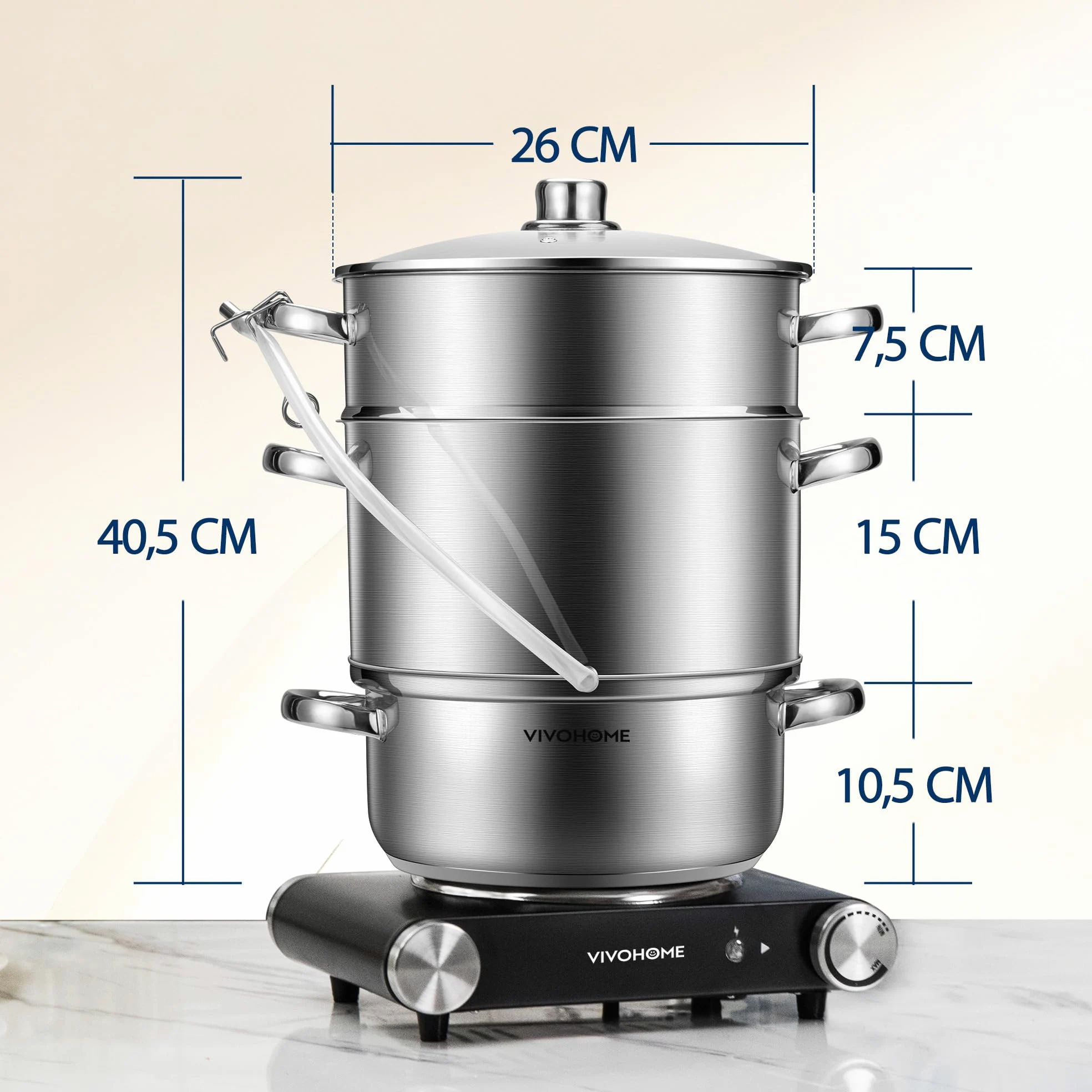 VIVOHOME Exprimidor de Vapor con Tapa de Vidrio 8L Extractor de Frutas | Ø 26cm, Acero Inoxidable, Verduras Casero con Tubo, Apto para Lavavajillas, para Todas las Cocinas, incluida Inducción