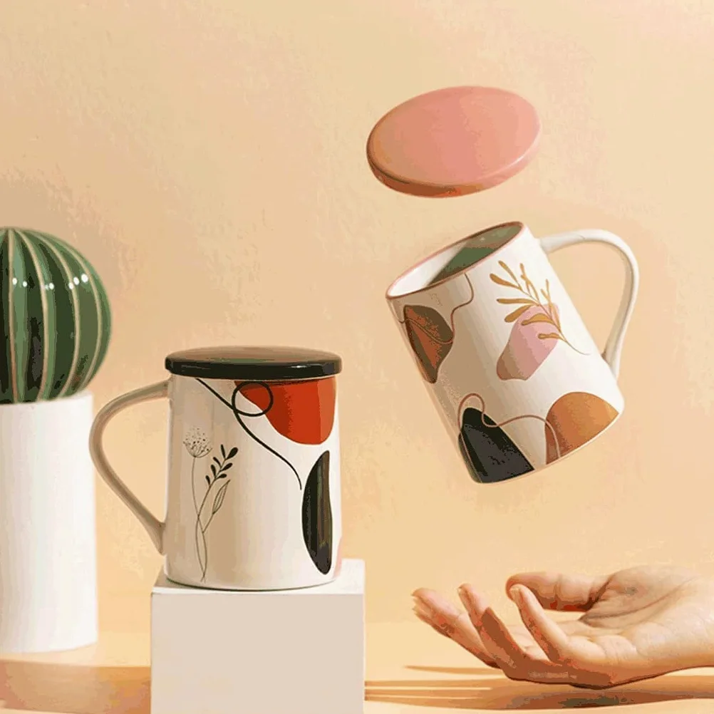 Taza de Café de Té Taza De Café Con Tapa, Tazas Creativas De Cerámica Para Bebidas Calientes Con Asa, 14,1 OZ, Taza Para Beber En El Microondas para té de la tarde(B)