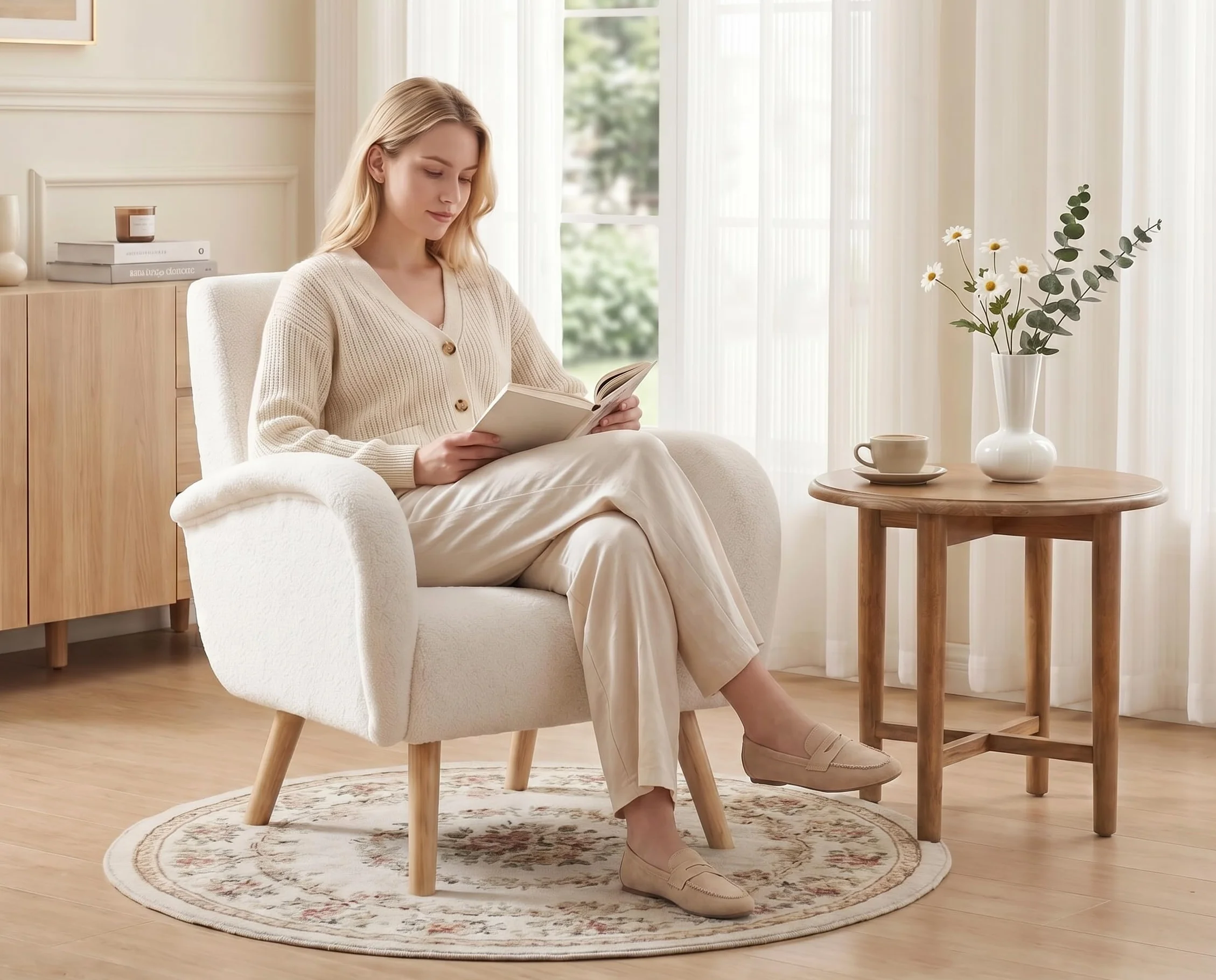 chairus Butaca Ocio Moderno Sofá de Salón Individual con Patas de Madera, Sillón Pequeño Lectura para Sala de Estar/Dormitorio, Blanco