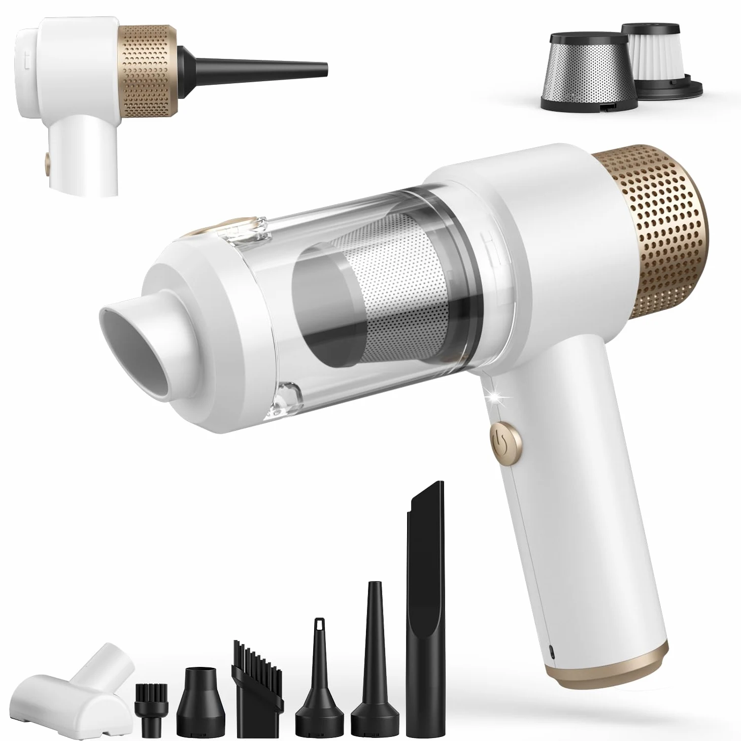 Vizeusvac 16000PA Mini Auto Aspiradora Inalámbrica Potente 7 en 1 Aspiradora de Mano Portátil Inalámbrica con Luz LED Doble Filtro One Touch Vacío Pelo de Animal para Hogar Oficina