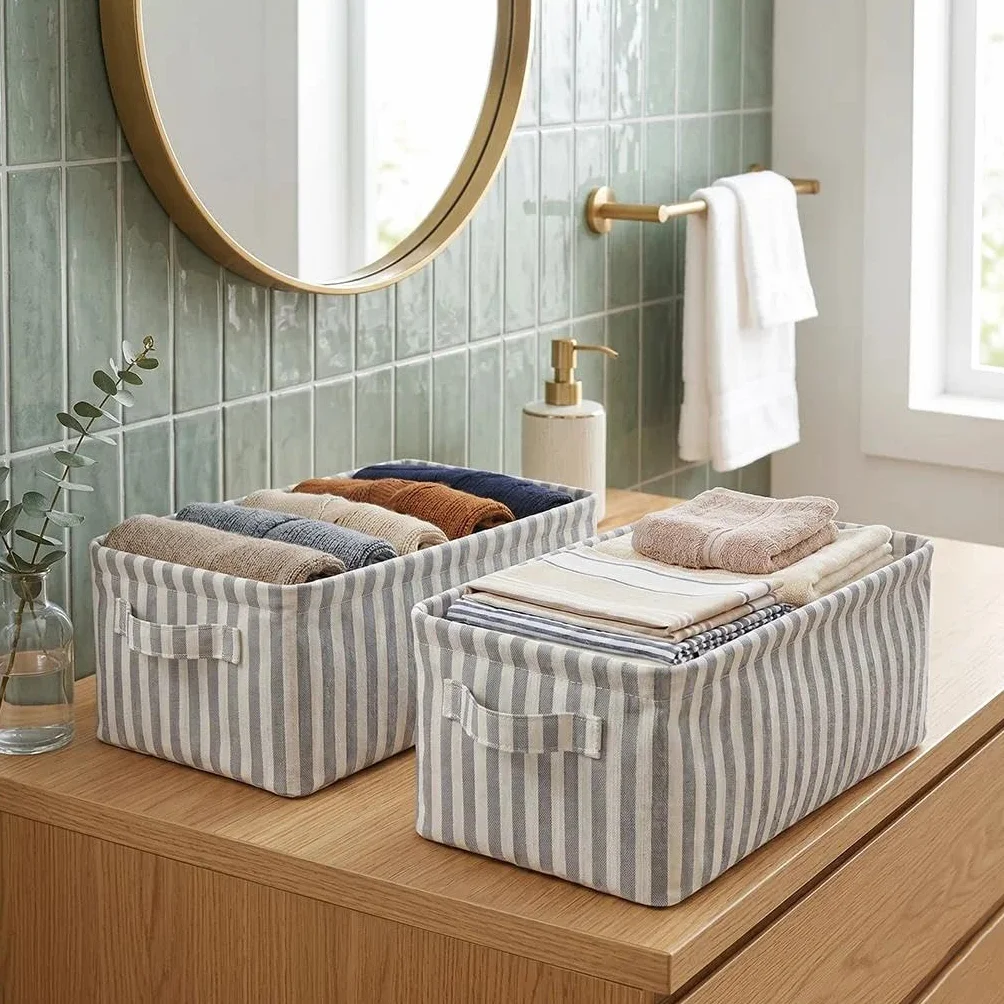Juego de 2 Cajas Organizadoras de Tela Plegables, Cestas de Almacenamiento Estrechas con Asas para Armarios, Estanterías y Baños - 38x15x13 cm, Gris y Blanco