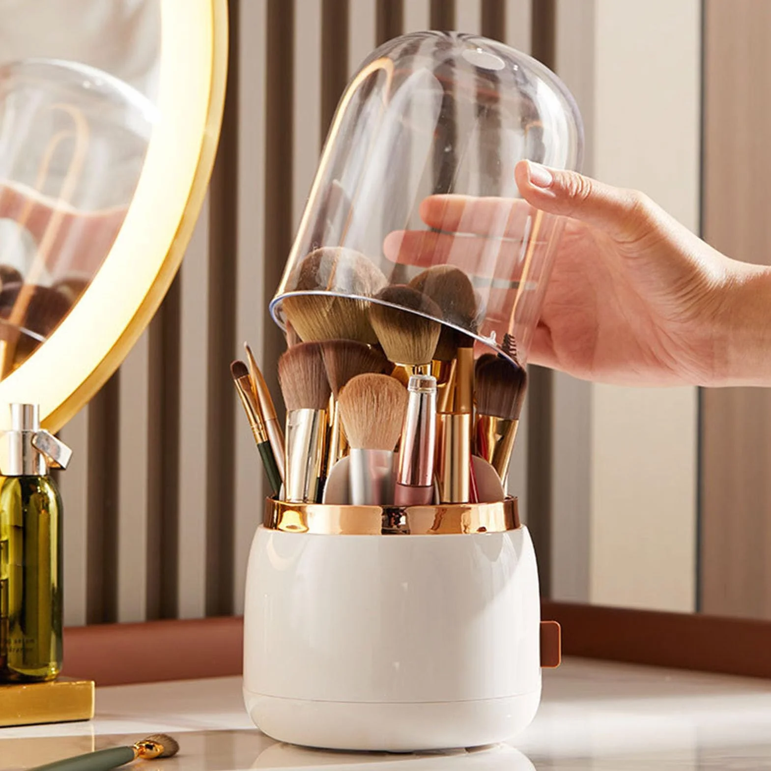 Soporte para brochas de maquillaje, organizador de herramientas cosméticas con tapa, organizador de brochas de maquillaje giratorio 360 para encimera de baño y tocador (Blanca)