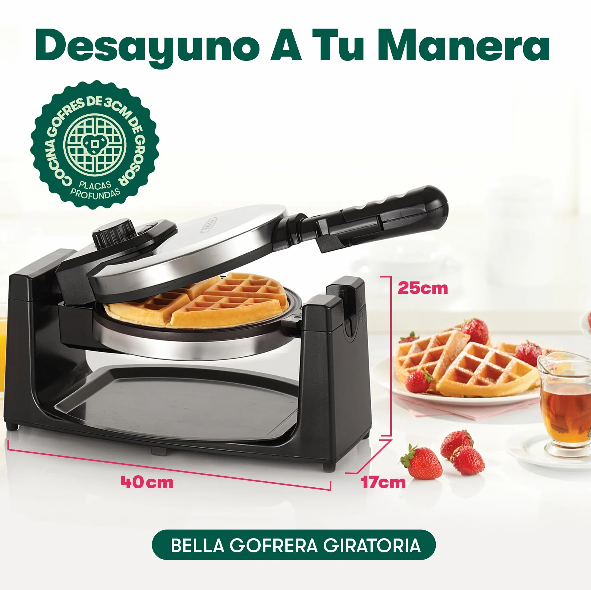bella Gofrera para gofres belgas giratoria clásica con placas antiadherentes, bandeja de goteo extraíble, control de dorado ajustable y asas de tacto frío., Acero inoxidable