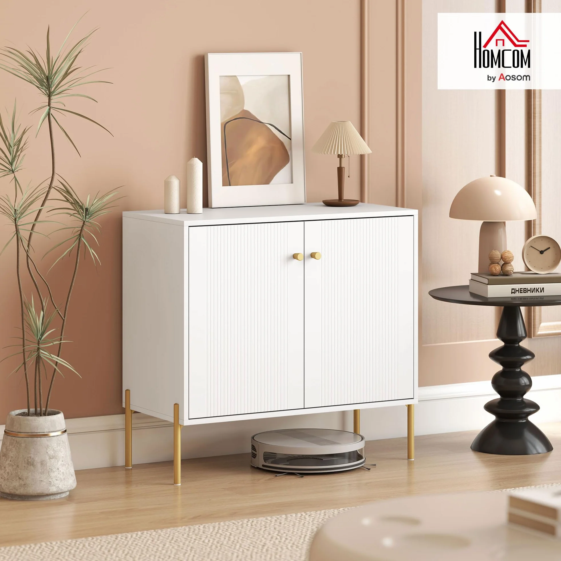HOMCOM Aparador Moderno de 2 Puertas, Aparador de Salón con Estantes Ajustables, Encimera con Efecto Mármol, Patas de Acero, para Cocina, Entrada, Dormitorio, Blanco, 80x39,1x76 cm