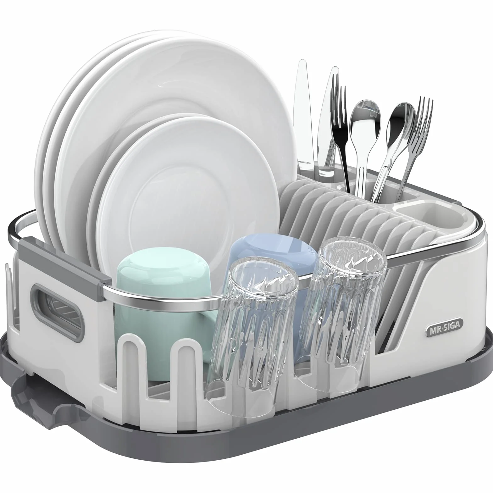 MR.SIGA Escurridor de Platos para encimera de Cocina, escurridor de Platos Compacto con escurridor, Soporte para Utensilios y Estante para Tazas, Color Blanco | Escurridor de cocina para platos, tazas, cuchillos, cucharas y tenedores, escurridor extraíble