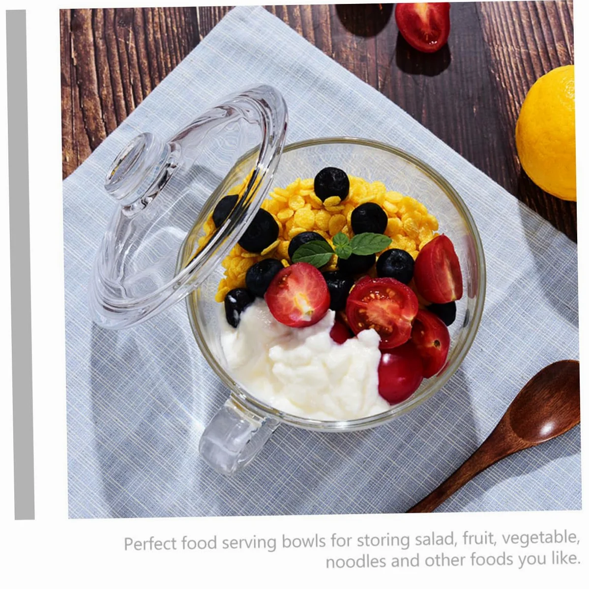 SHOWERORO Tazón de Vidrio Transparente con Tapa y Asa Cuenco para Ensalada Postre y Desayuno Resistente y Elegante para Uso Diario y Reuniones Familiares