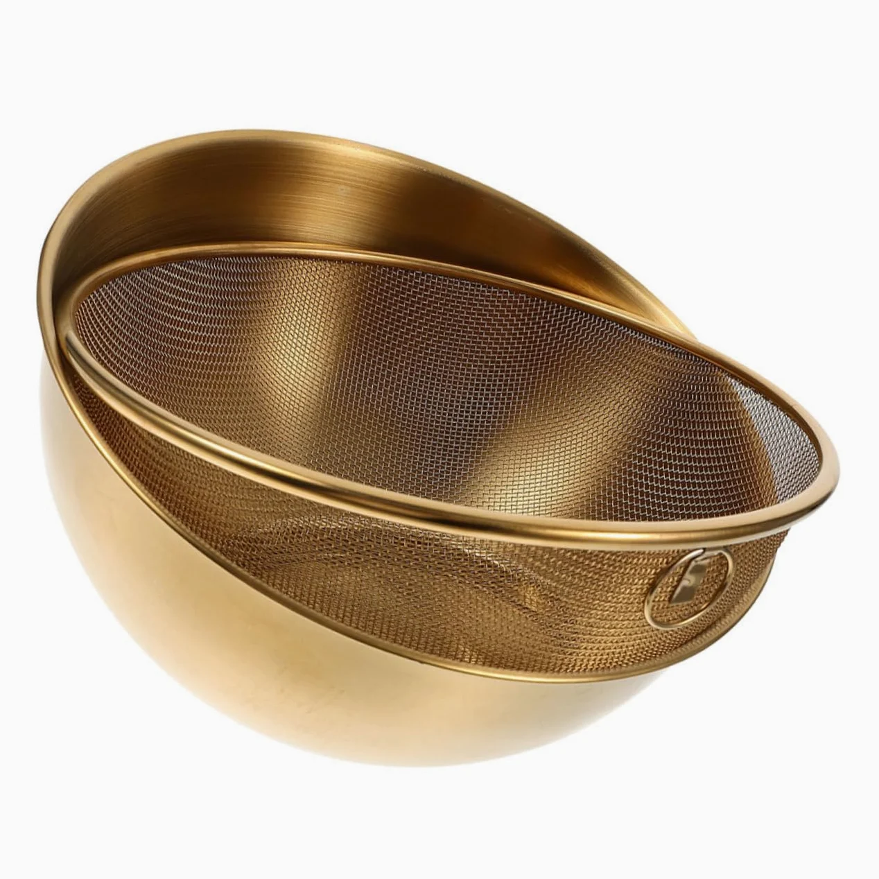 Colador de Malla Fina y Cesta de Drenaje 24 Cm de Acero Inoxidable Dorado para Lavar Arroz y Frutas, Práctico para Cocina y Lavado de Verduras, Juego de 2 Piezas