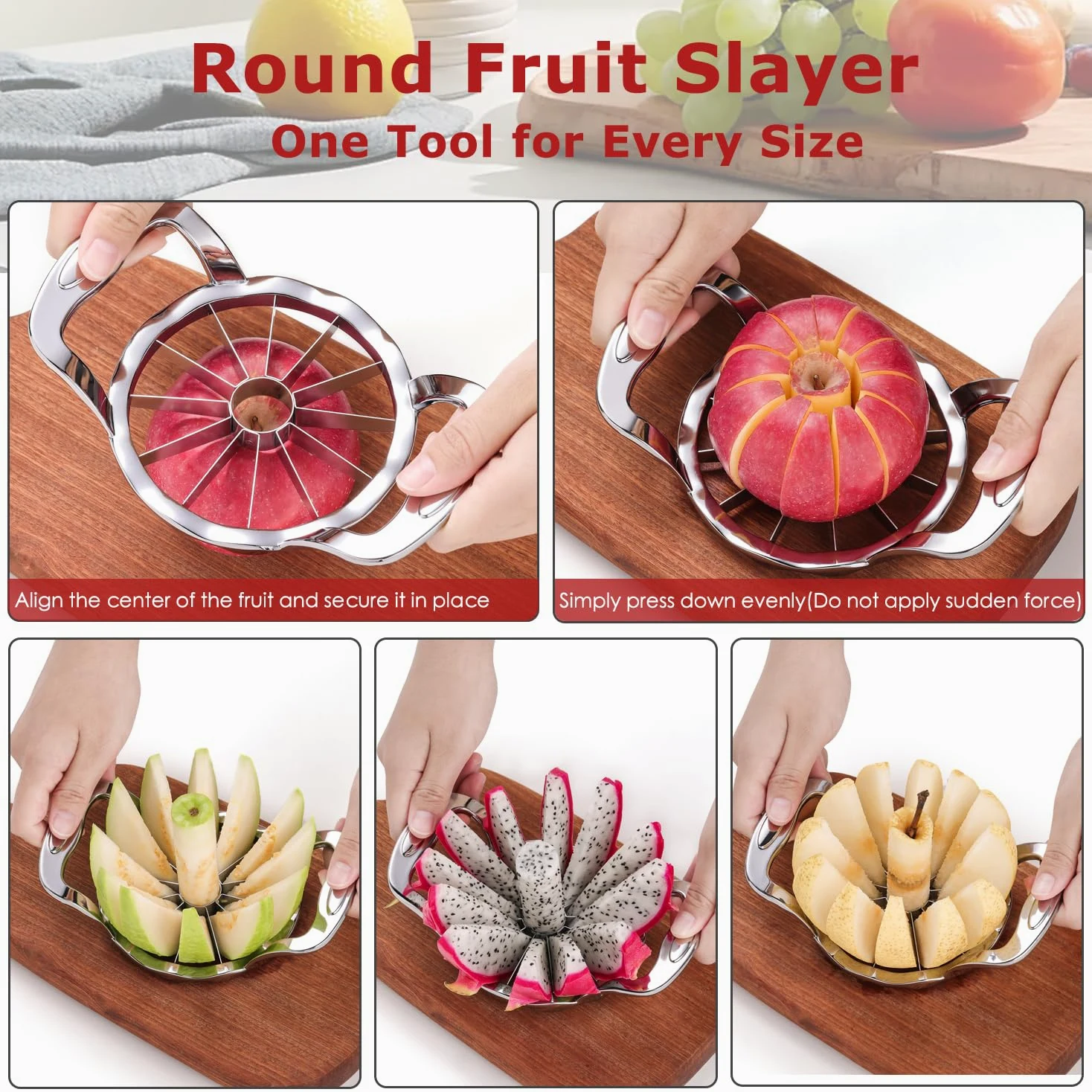 Cortador de manzanas grande de acero inoxidable de 12 rebanadas para cortar y dividir frutas con 3 tenedores de frutas y un cepillo de limpieza