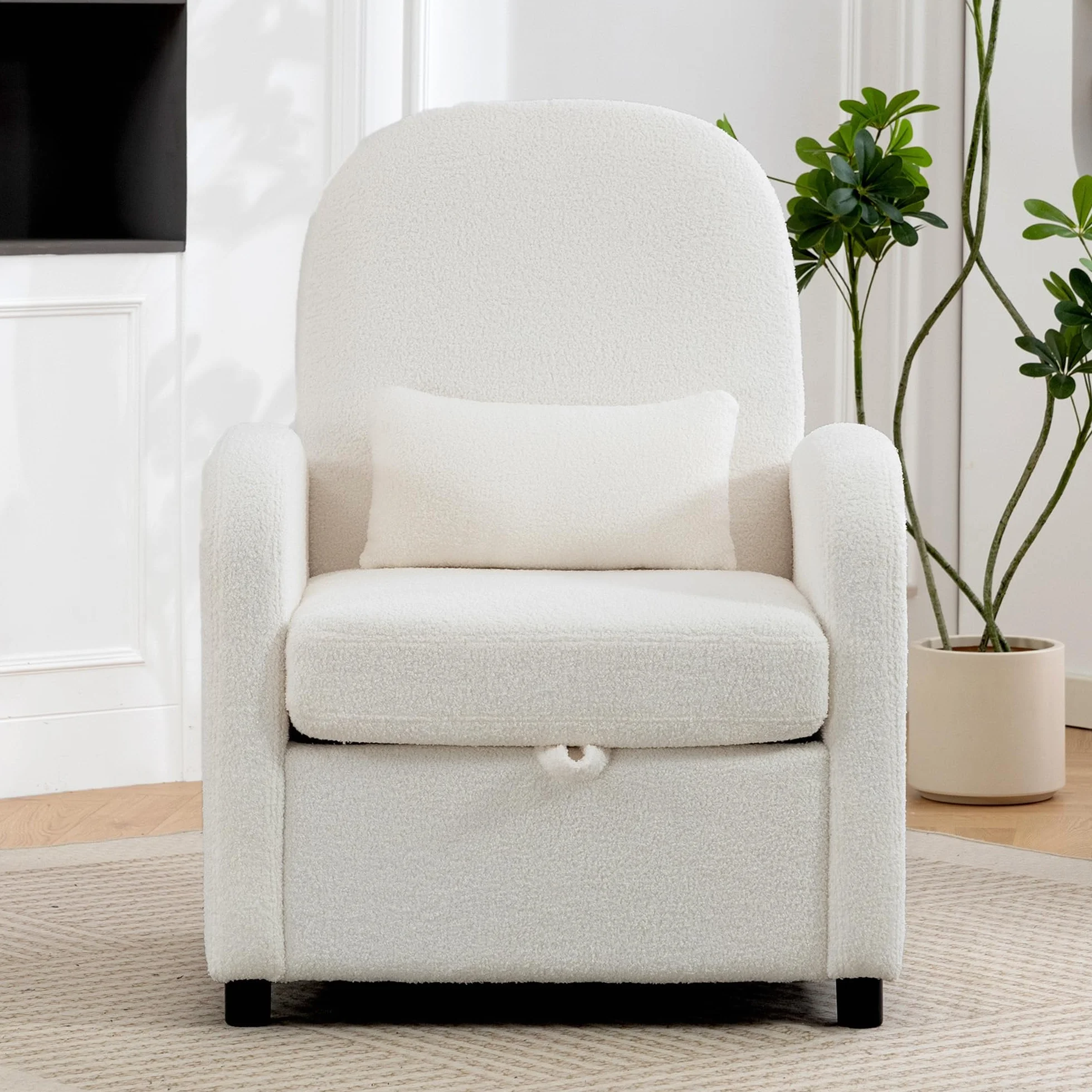 HOMCOM Sillón de salón acolchado con almacenamiento oculto, respaldo alto, sillón moderno con reposabrazos, cojín lumbar y asiento ancho, de terciopelo de peluche, para dormitorio y salón, color crema