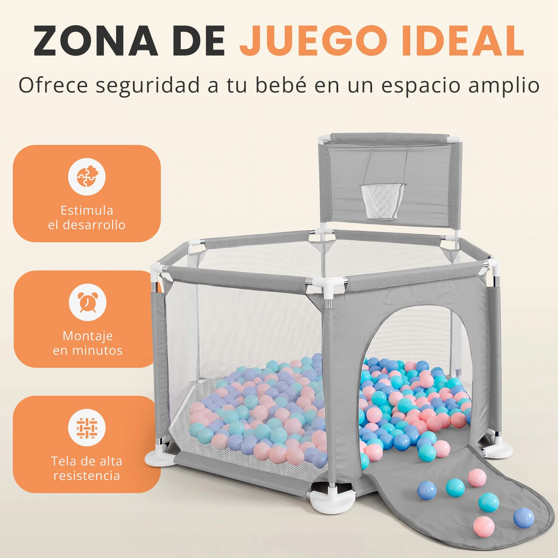 JUPPLIES Parque Infantil Bebe 127x127cm Hexagonal – Corralito Bebe con Malla Transpirable – Parque de Juegos Bebe con Puerta Lateral – Playpen Bebe - Parque con Canasta y Pelotas