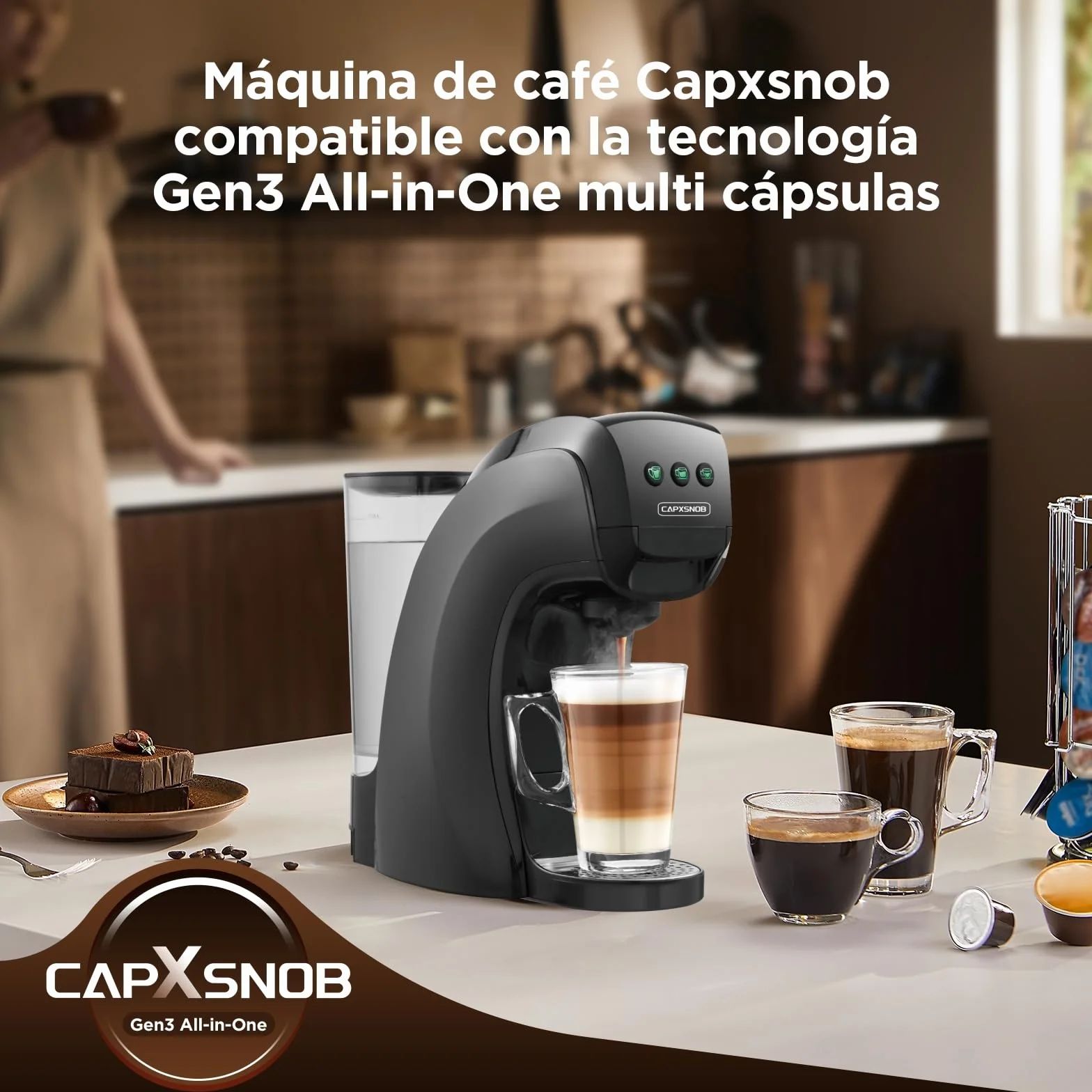 Warriors1 Cafetera Capsula 5en1 para Dolce Gusto, Nespresso, Lavazza A Modo Mio, Expreso Point y Café Molido, 20bar, 0,8L, Automática y Compacta Máquina Multicápsula, Multibebida para Hogar y Oficina