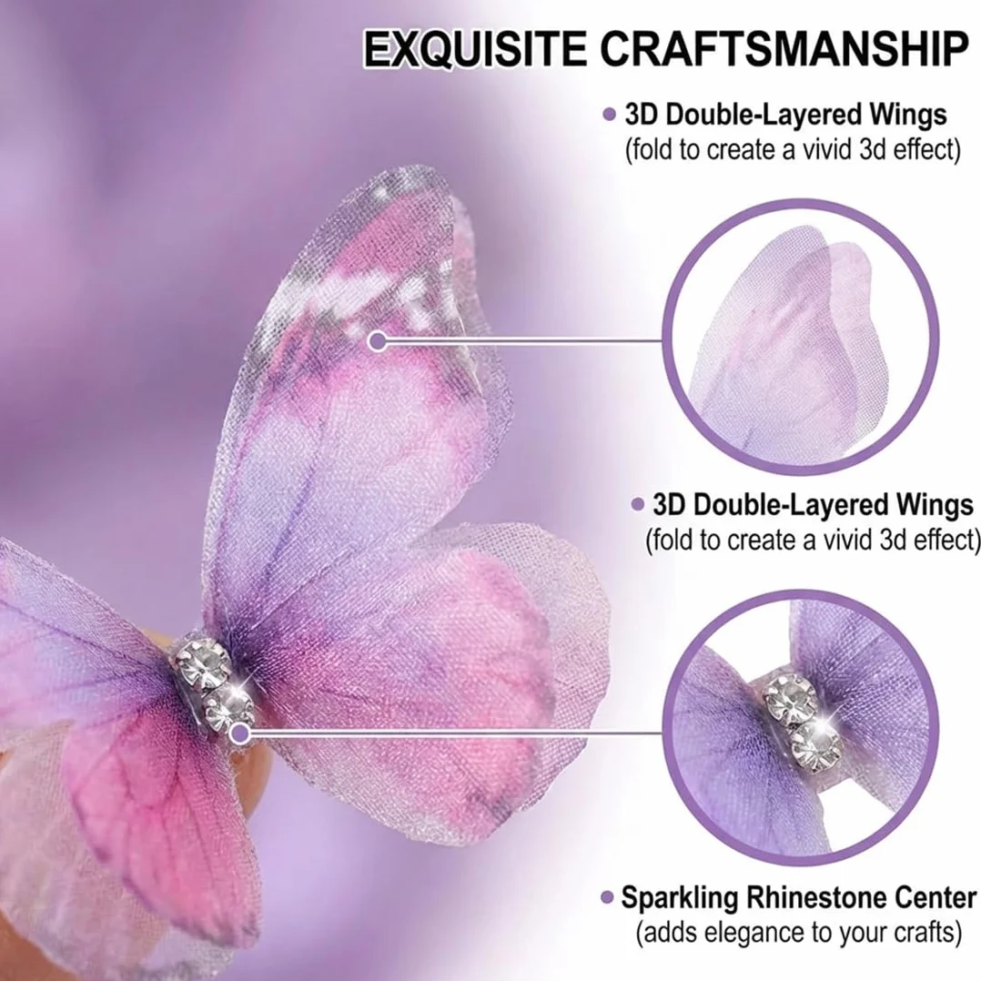 Mariposas 3D, 50 piezas de organza de tela de gasa translúcida, para bricolaje, álbumes de recortes, equipaje, ventana, habitación, adhesivo pared, pinza de pelo decoración