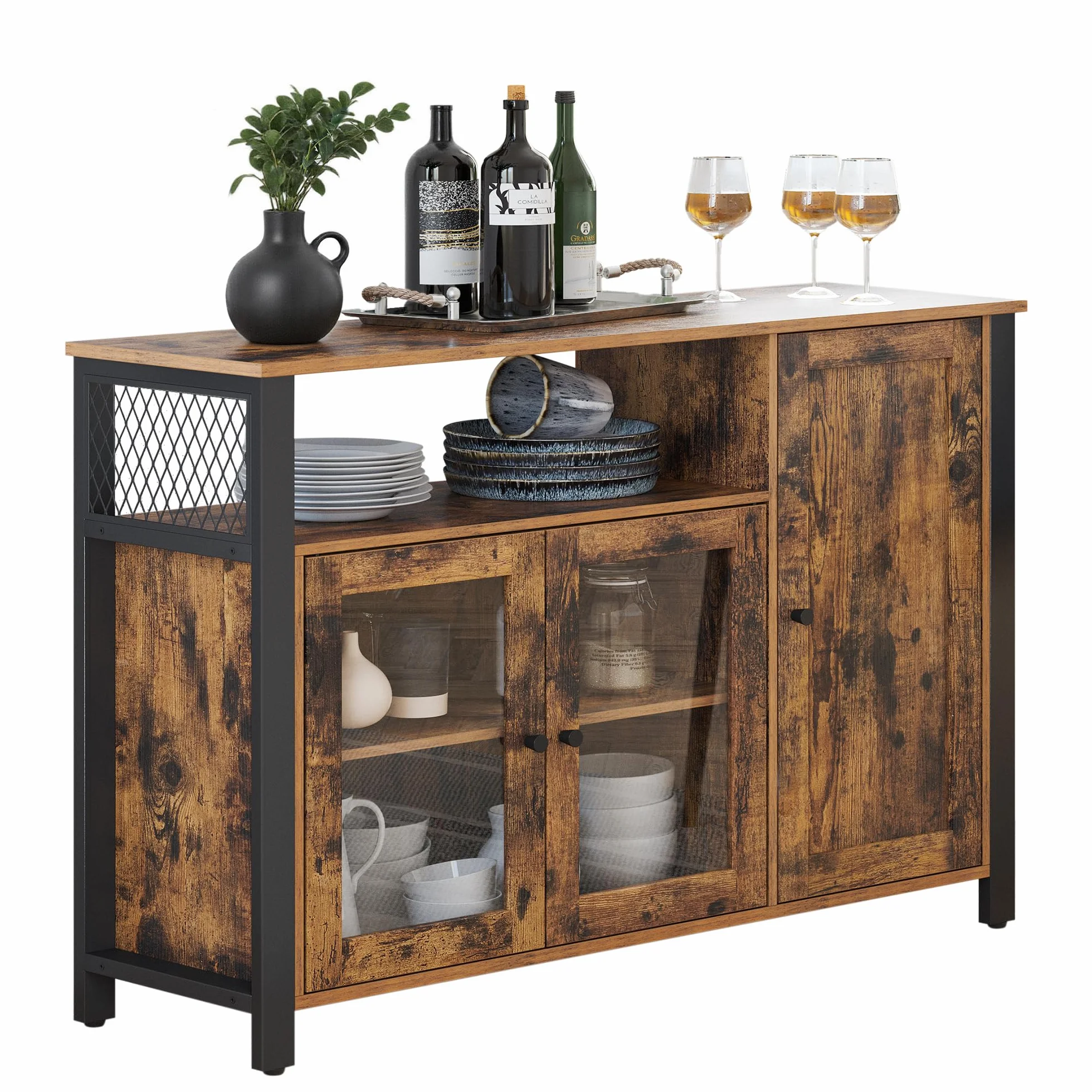 VASAGLE Aparador, Armario de Cocina, Armario de Almacenaje, con 3 Puertas, para Salón, Cocina, Comedor, 33 x 110 x 75 cm, Estilo Casa de Campo, Marrón Rústico y Negro LSC096B01