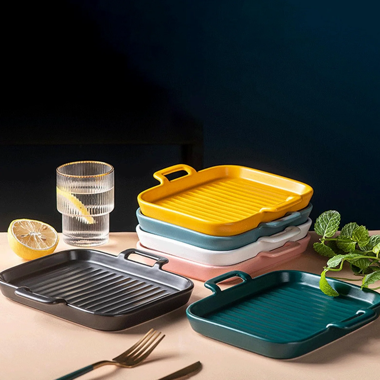 Versátil Plato cerámico cuadrado de doble asa apto for horno(Green)