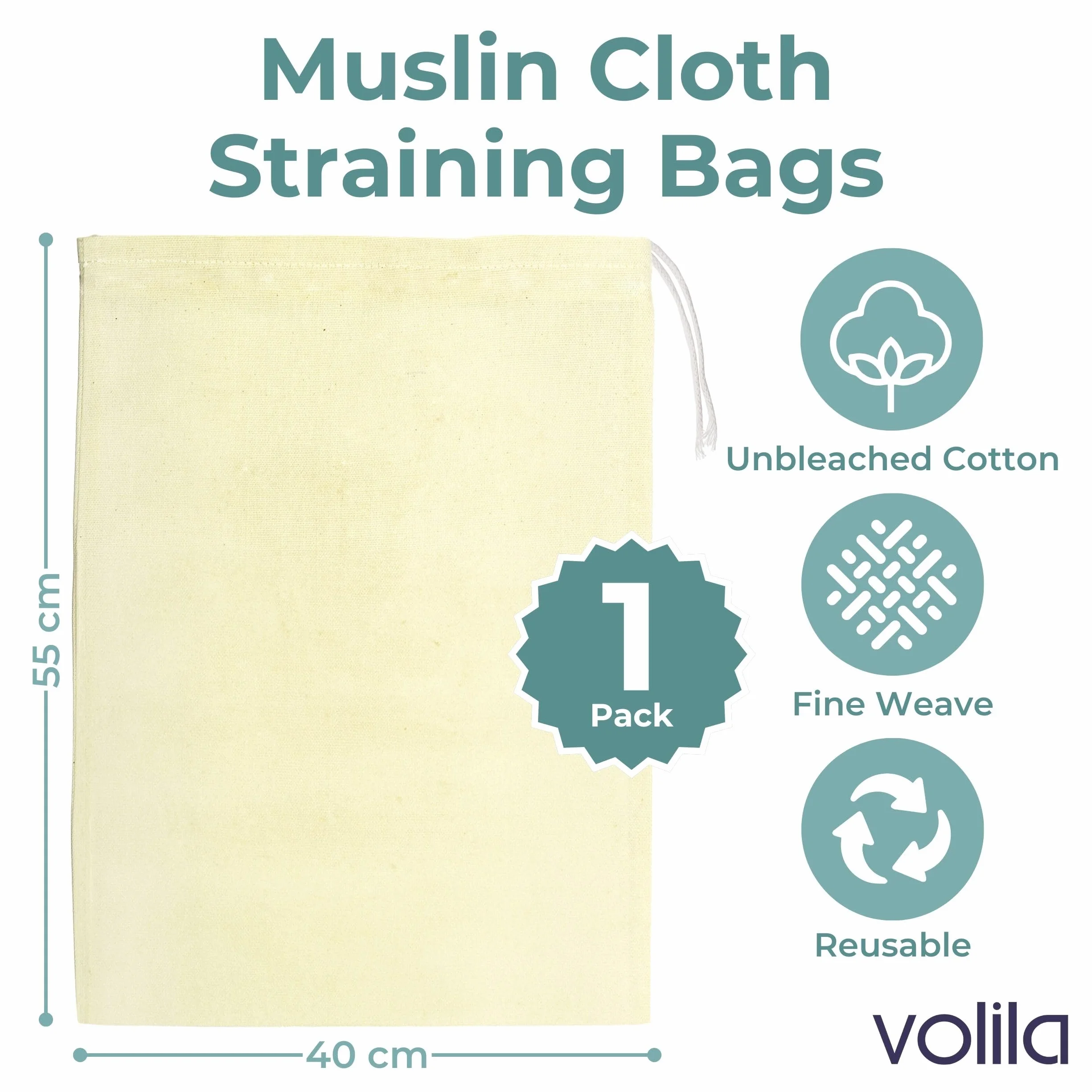 volila Cheese Cloth, Colador Tela - 1 Paquete (55 x 40cm) Colador de Tela de Algodón Sin Blanquear con Cordón - Bolsas de Malla Fina Lavables para Colar Jugo, Leche, Vino y Yogur