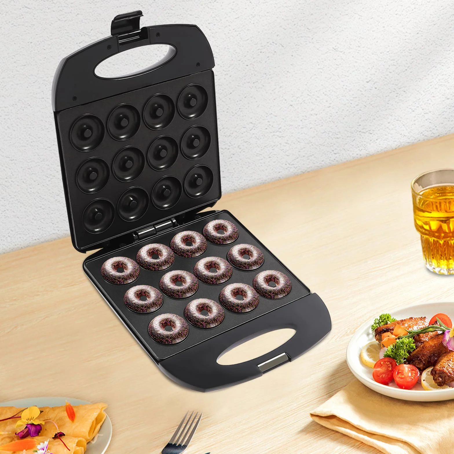 Mini donut eléctrico antiadherente 1200 W para 12 mini donuts, control automático de la temperatura, panel de doble cara integrado, sencillo donuts caseros para fiestas familiares, pastelerías