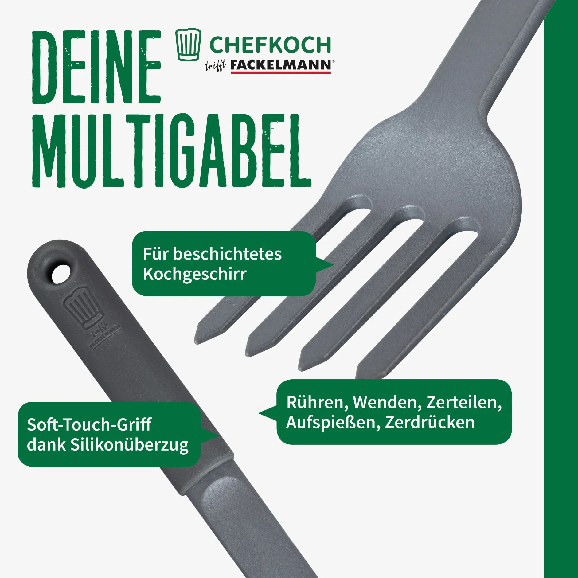 FACKELMANN Chefkoch Multitenedor de plástico – Tenedor de cocina con mango ergonómico Soft-Touch – Tenedor de cocina adecuado para ollas y sartenes con revestimiento – Resistente al calor y apto para