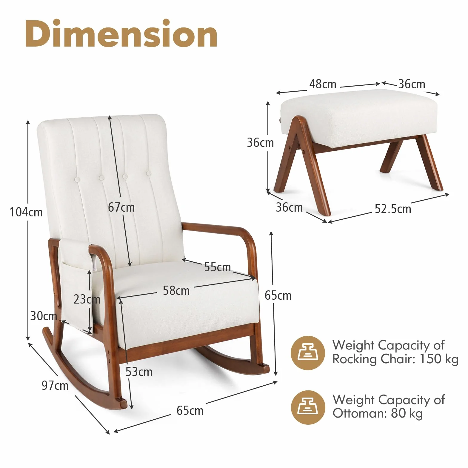 HOMASIS Silla Mecedora con Reposapiés y Bolsillo, Juego de Sillón Balancín con Reposabrazos y Estructura de Madera Maciza, Silla de Lactancia para Salón, hasta 150 kg, 97 x 65 x 104 cm (Beige)