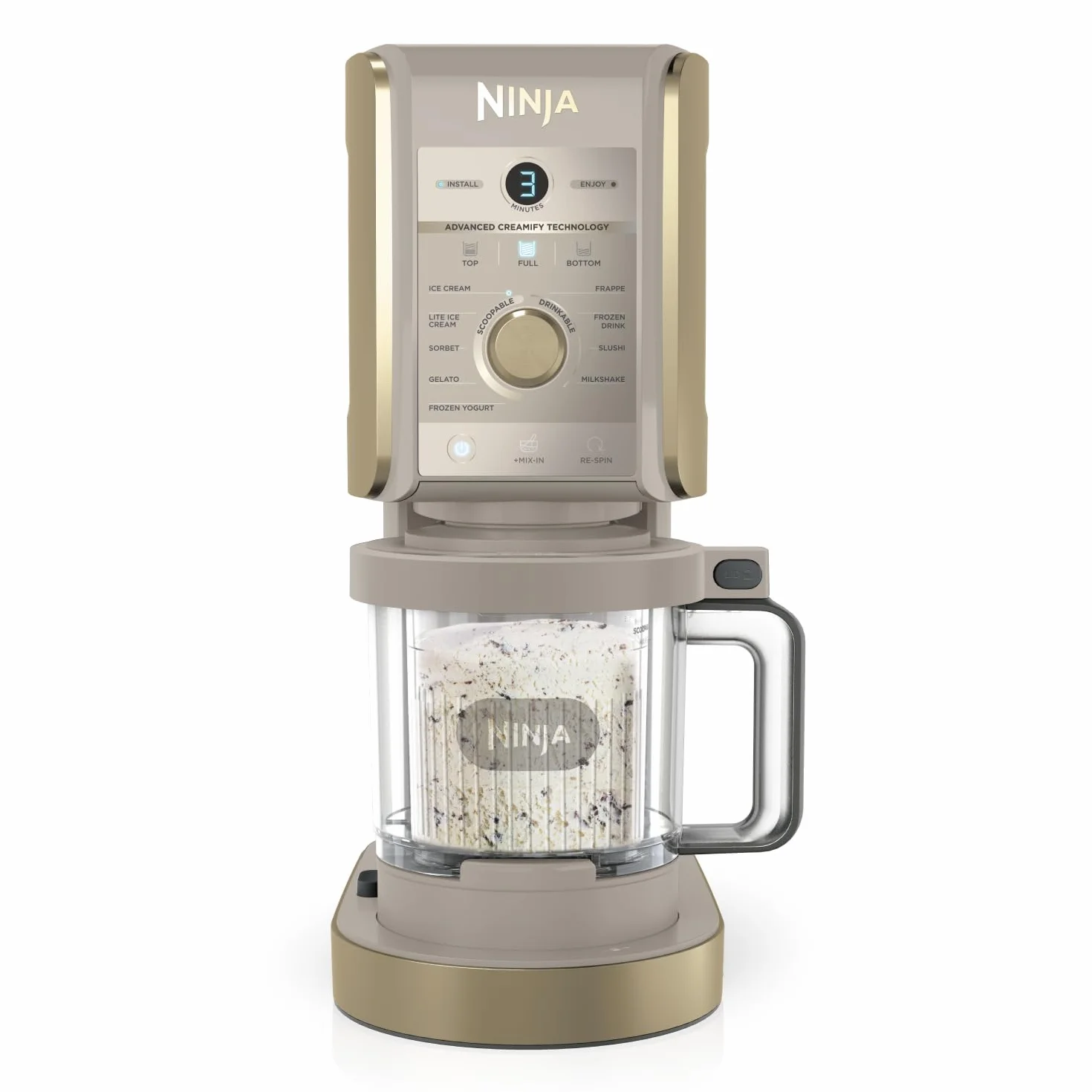 Ninja CREAMi Deluxe Heladera multifunción con 2 tarrinas, 10 programas, prepara Helado, Gelato, Sorbete, Yogur congelado, Batido, Granizado y más, opción de 2 sabores en 1, piedra dorada, NC502EUSTGD