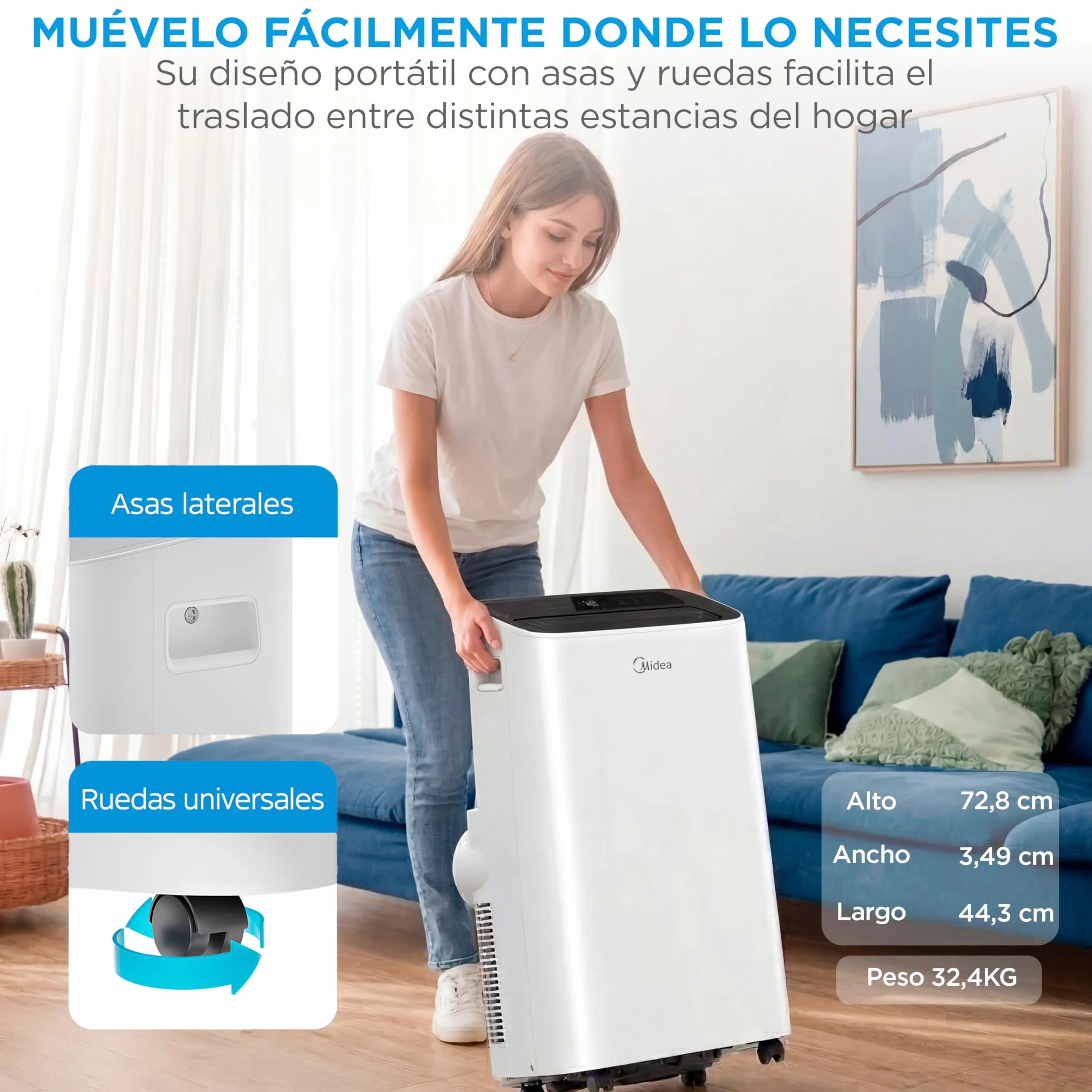 MIDEA Pingüino Aire Acondicionado Portátil Frío y Calor 3000 Frigorías / 12000 BTU - Climatizador silencioso con bomba calor 3500 W Air conditioner 4 modalidades con kit de ventana y control remoto