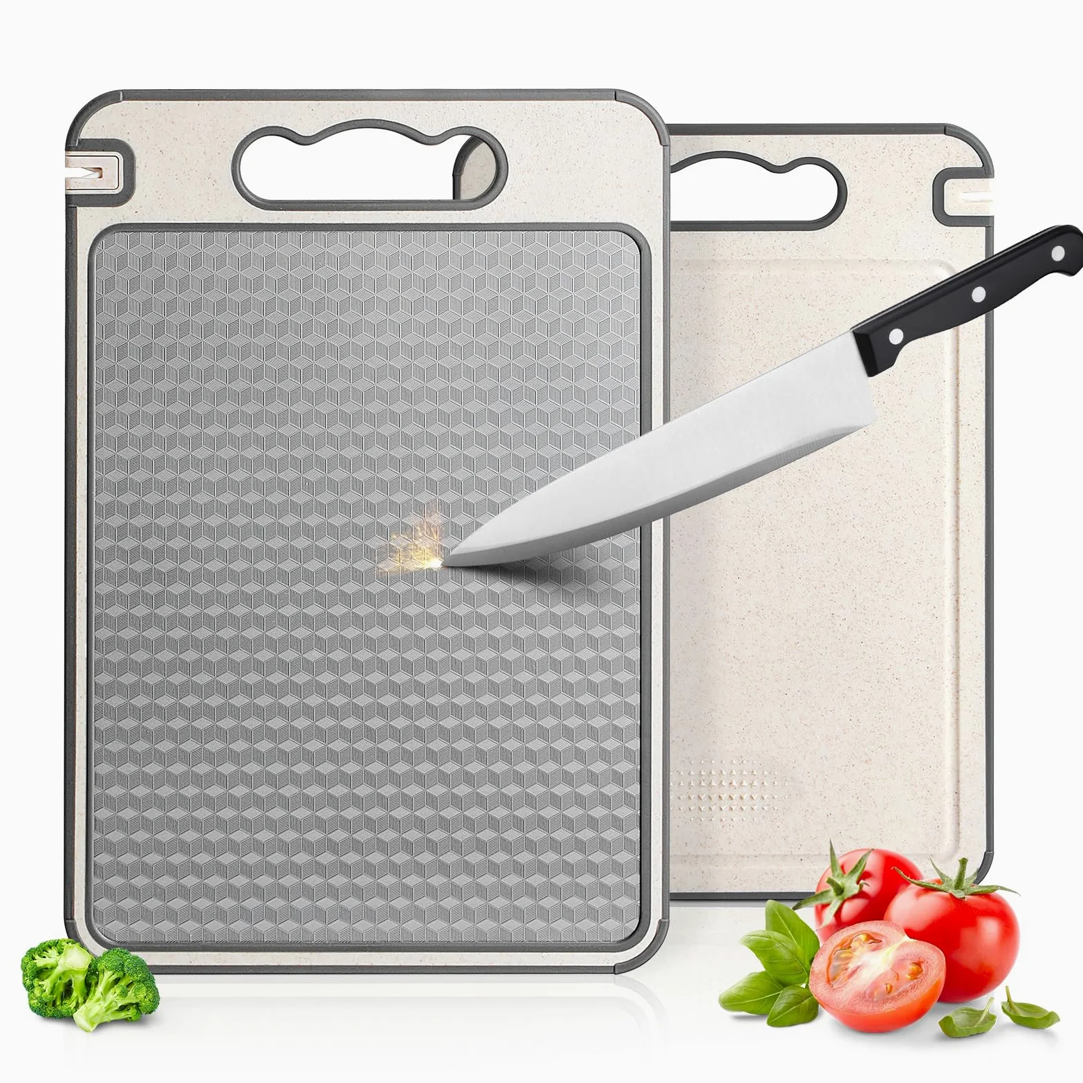 Tabla de cortar de acero inoxidable para cocina, 3 en 1 de doble cara, antideslizante, resistente a los arañazos, diseño de malla con ranura de jugo, apto para lavavajillas, fácil de limpiar, tabla de