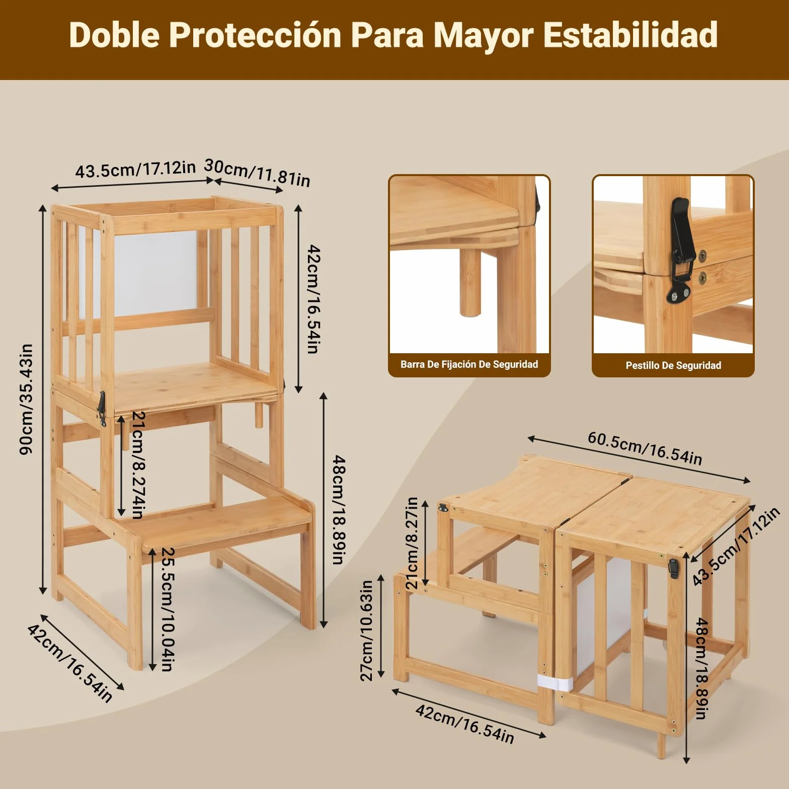COSYLAND Torre de Aprendizaje 3 en 1 Bambú Convertible Escritorio Infantil Pizarra Dibujar Niños 18 Meses 6 Años Cocina Natural