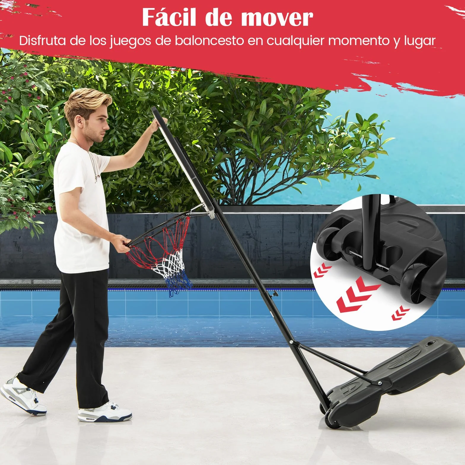 COSTWAY Canasta de Baloncesto Exterior, Altura Ajustable 115-135 cm, Aro con Ruedas para Niños y Adultos