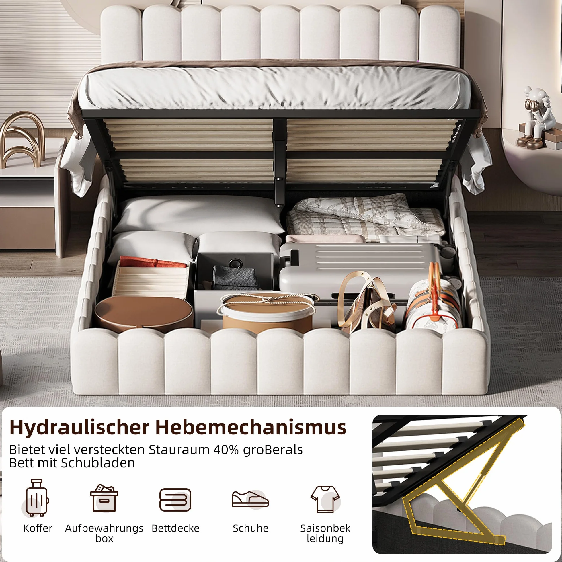 Cama tapizada de 160 x 200 cm con cajón, cama de 160 x 200 cm con espacio de almacenamiento hidráulico, cabecero con LED y USB, marco de cama doble con somier, lino beige, sin colchón