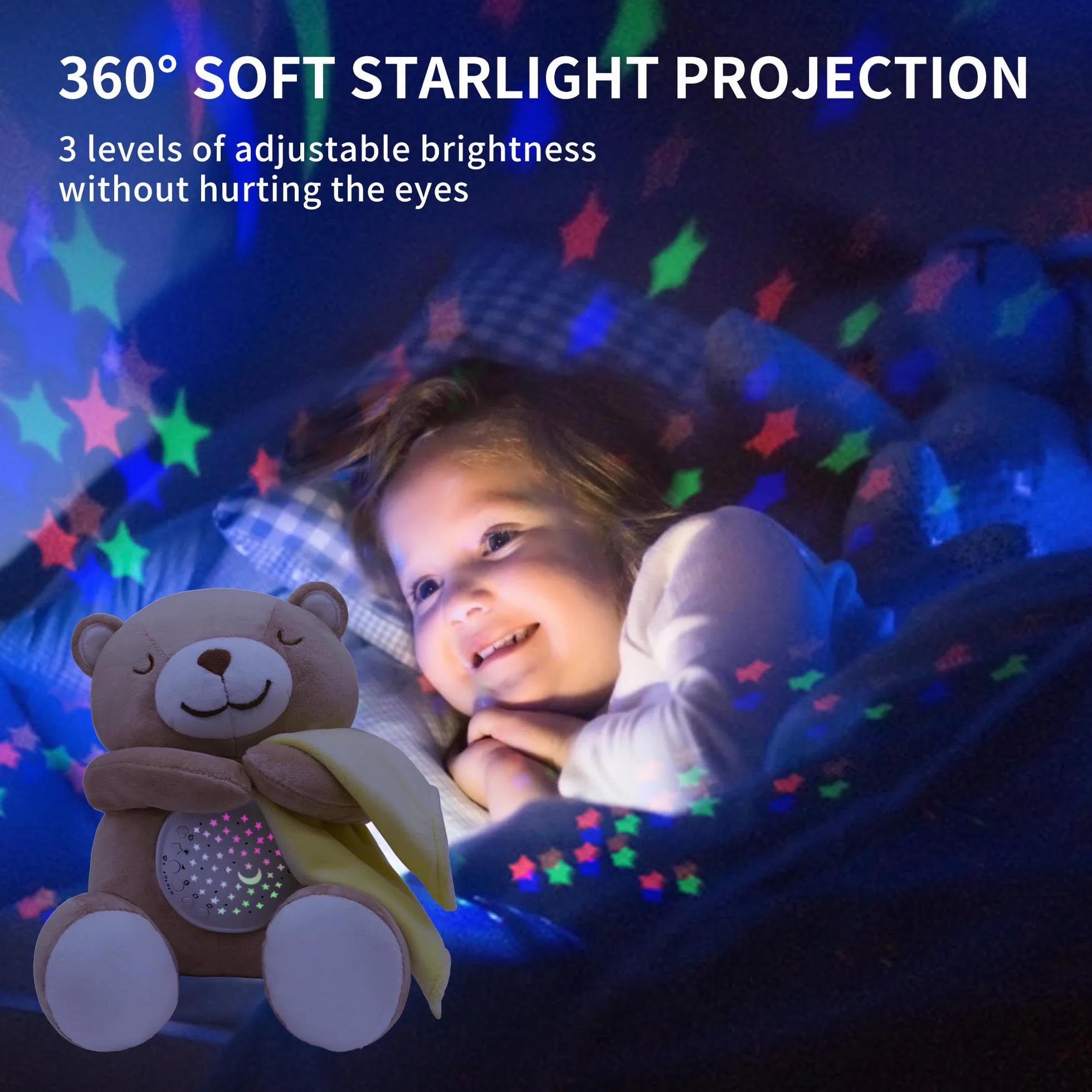 Peluche Bebés Musical APUNOL USB Recargable Proyector Luces y Musica Juguete Teddy con Sensor de Llanto 18 Canciones de Cuna