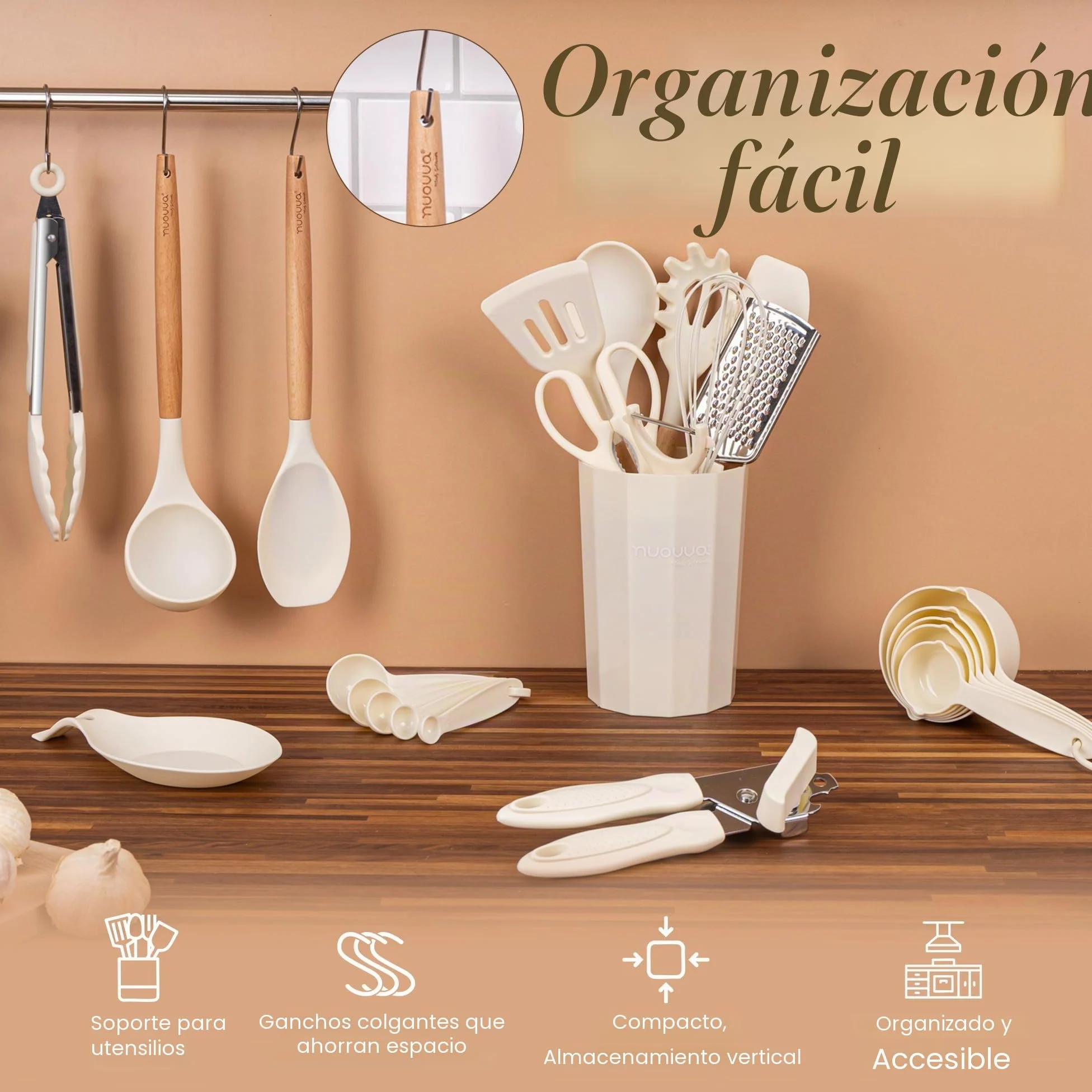 Juego de utensilios de cocina antiadherentes, utensilios de silicona resistentes al calor con mango de madera, cucharones, cucharas y espátulas