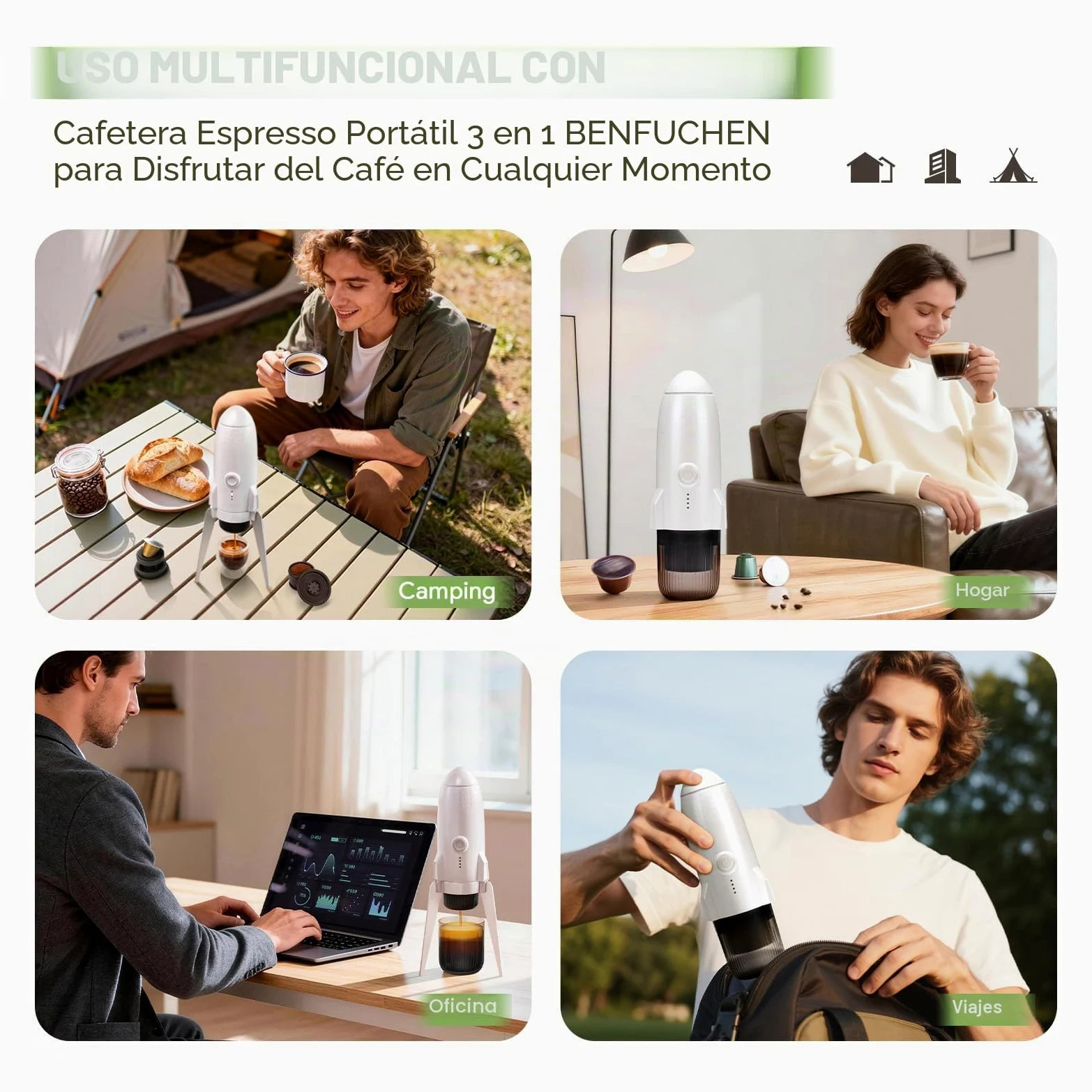 Cafetera expreso portátil 3 en 1 para llevar, cafetera expreso eléctrica autocalentable, mini cafetera para viajes, camping/senderismo, para café molido y cápsulas NS/DG, color blanco