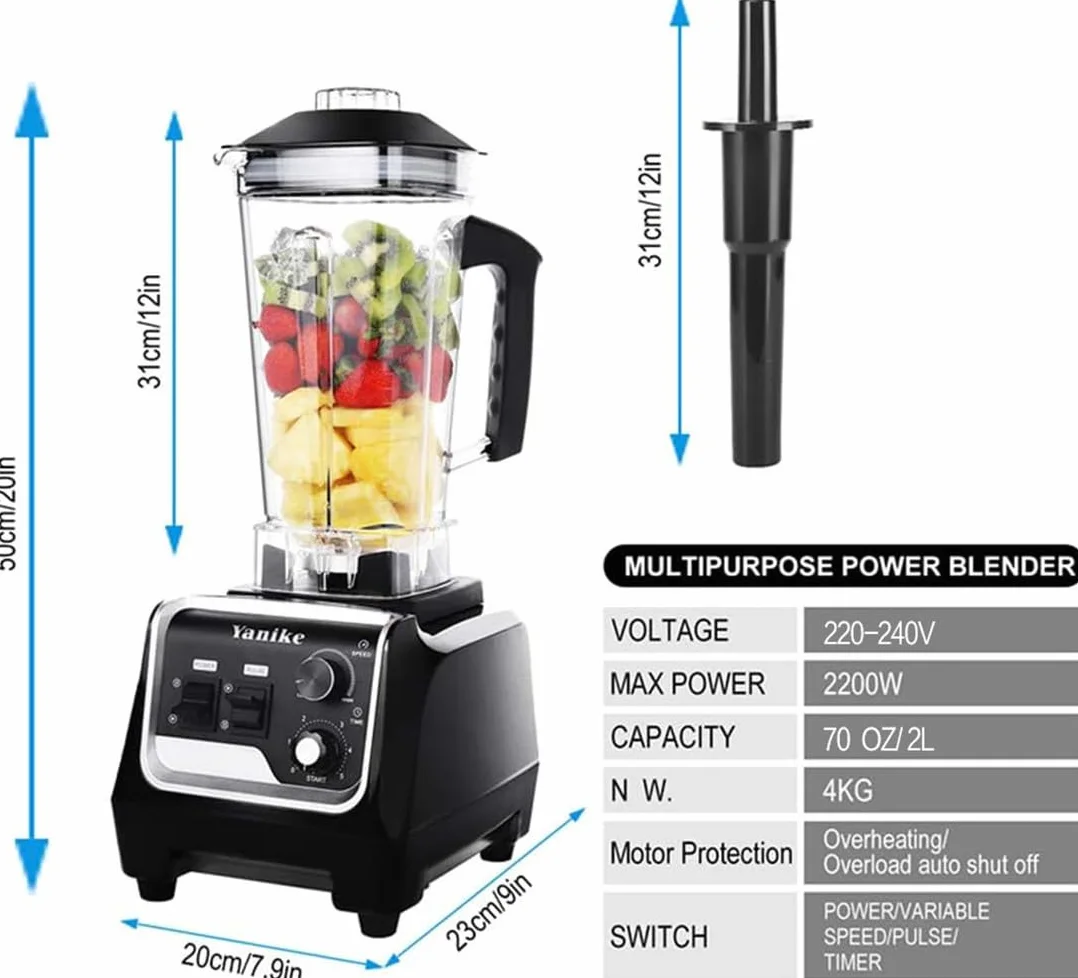 Licuadora Profesional Batidora de Baso, 2200W Licuadoras de Alta Velocidad para Batidos, licuadora smoothies de Hielo, Postre Congelado con Temporizador, Tarro de Tritán de 2 Litros sin BPA