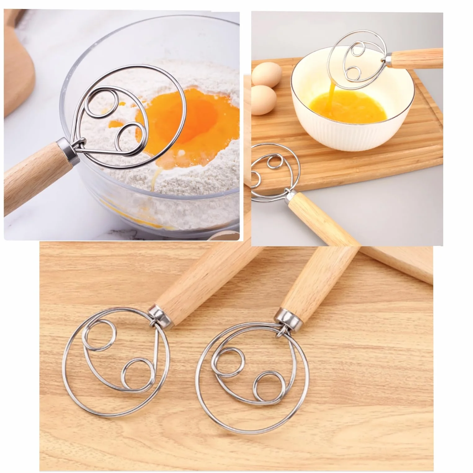JZK Batidor de Masa Danés de 33 cm y 25.5 cm, 2 piezas con mango largo de madera, batidor para pan, galletas y pasteles, herramienta manual para amasar y hornear
