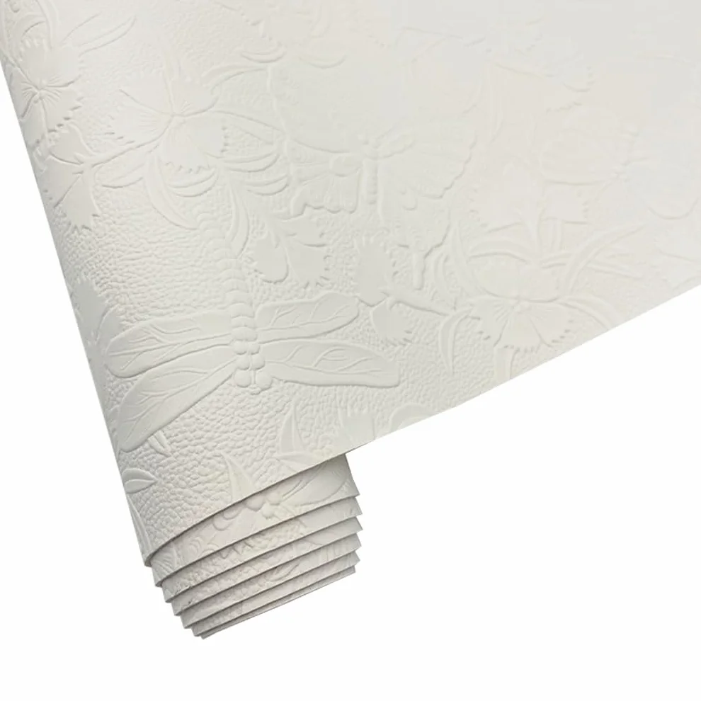 Hojas de piel sintética en relieve para hacer pendientes, bolsos, 12 x 54 pulgadas (32 x 137 cm), libélula, mariposa, flor, piel sintética para manualidades, suministros de costura (blanco)