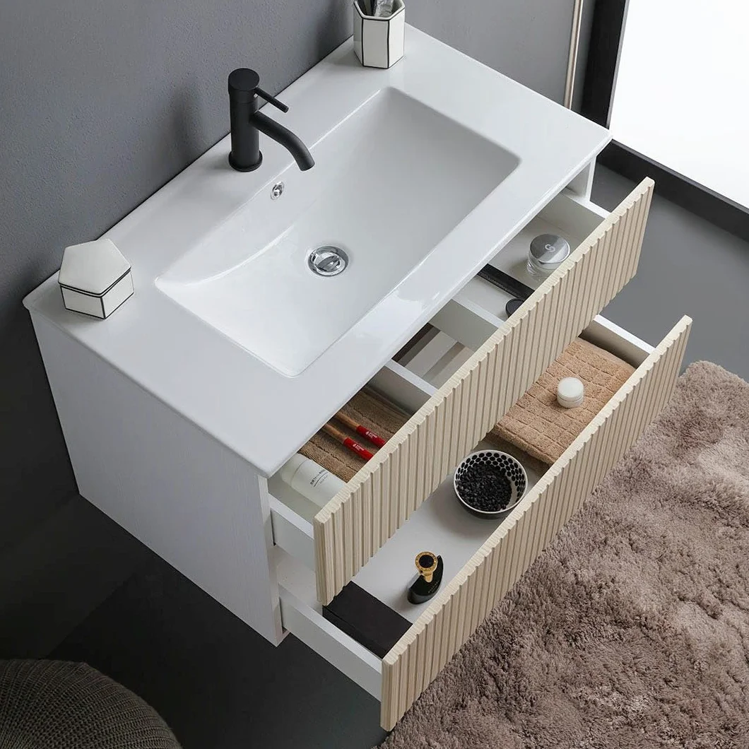 Kiamami Valentina - Mueble de baño suspendido 80cm Blanco con Frontal de Roble Estriado