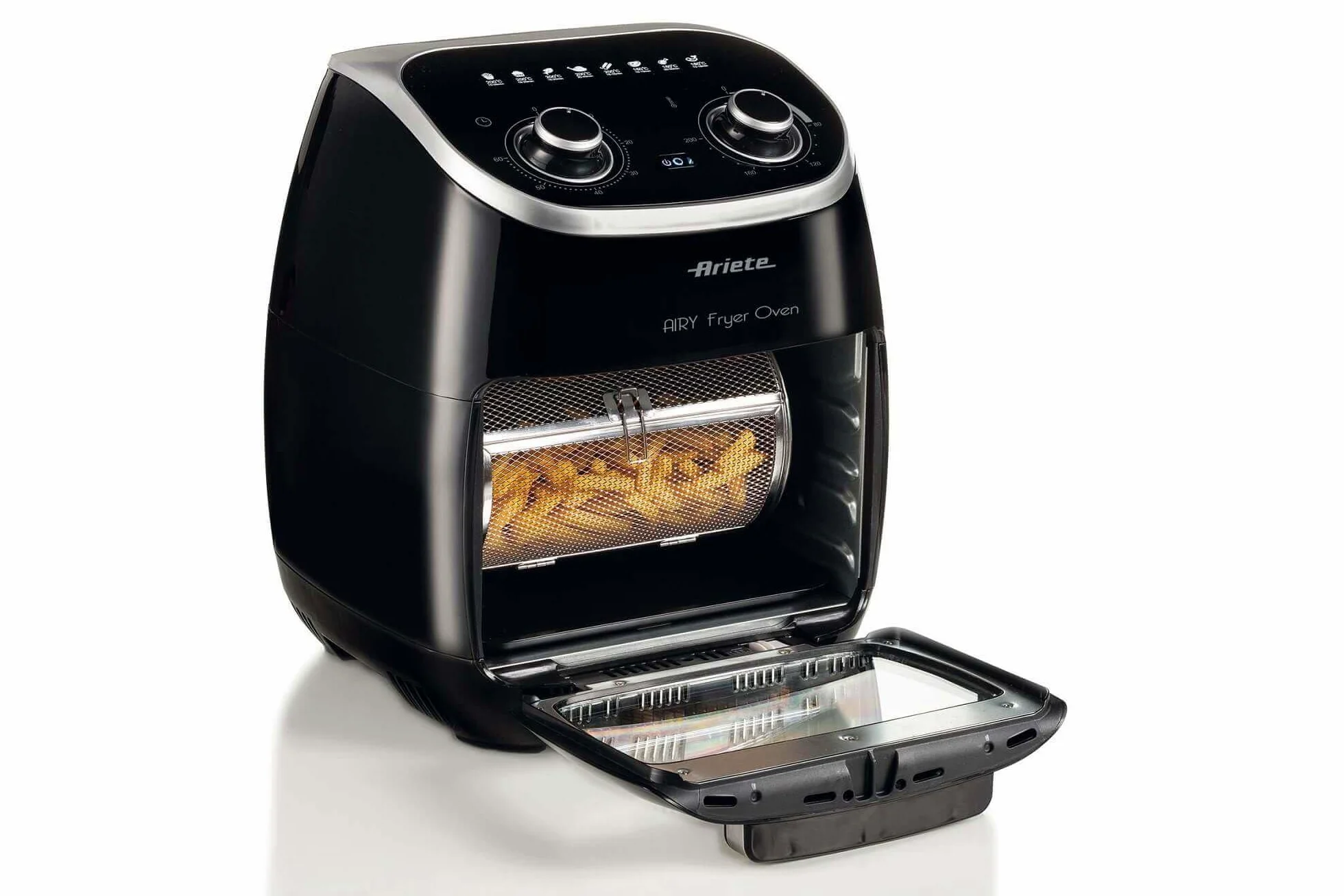 Ariete 4619, Freidora de aire y horno en uno, 11 L, multifunción, temporizador 60 minutos, puerta transparente extraíble, temperatura 80, 200º C, 2000 W, negro