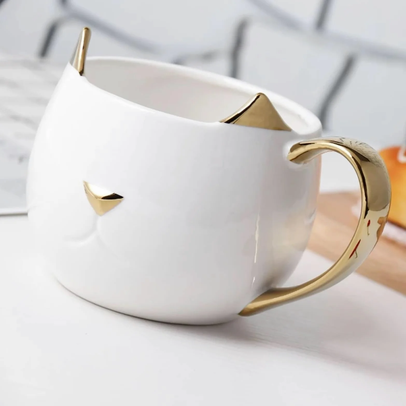 Taza de cerámica con orejas de gato, tazas de café chapadas en oro con asa, taza de avena y leche for desayuno, parejas Para Boda(Black)