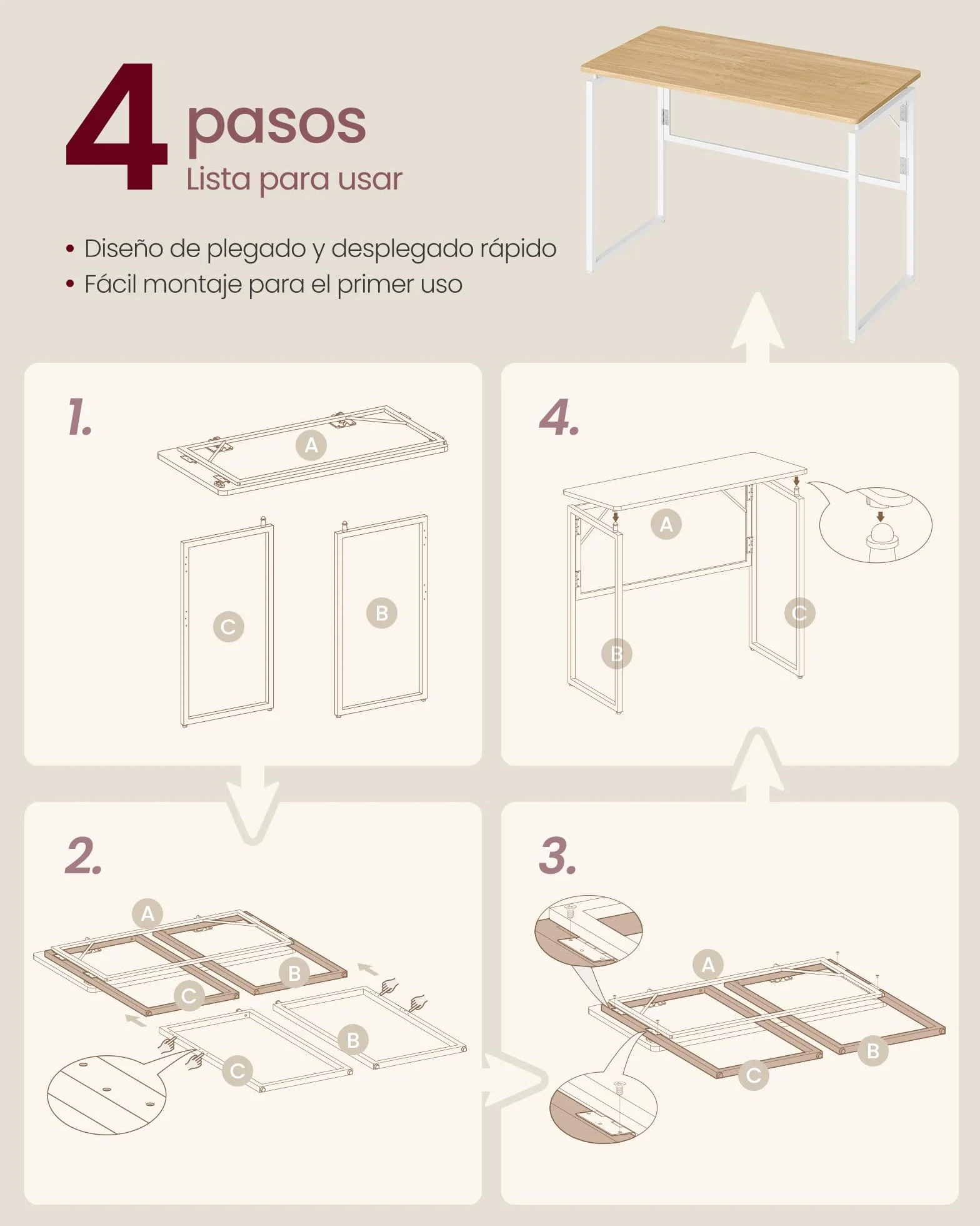 VASAGLE Mesa Plegable, Escritorio Plegable, Tablero de una Pieza, Bordes Redondeados, para Dormitorio, Balcón o Camping, Fácil Montaje, 100 x 50 cm, Roble Natural LWD152YD01