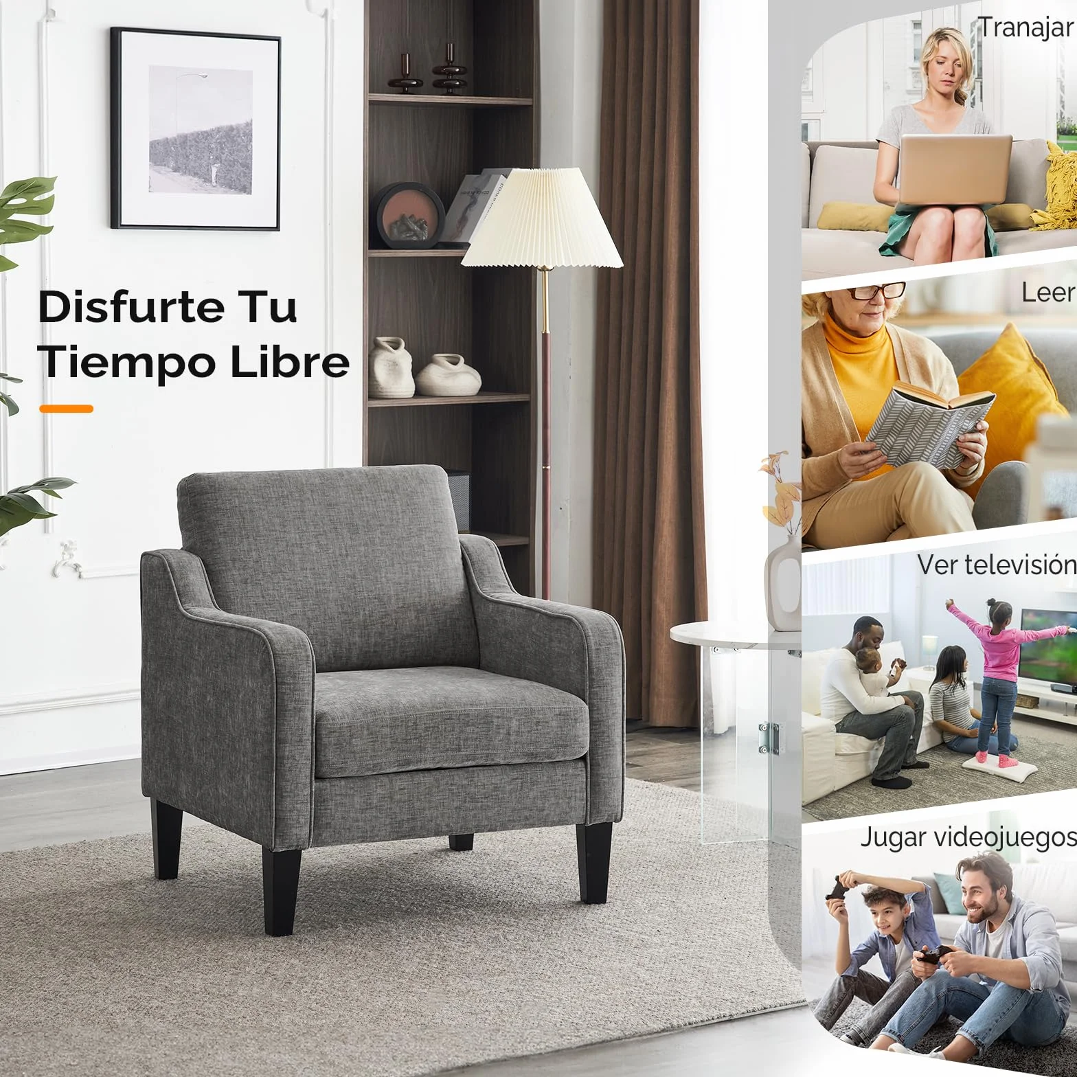 Bonnlo Juego de 2 Sillón de Salón, Butaca Moderna para Sala de Estar, Sofá Individual con Cojín Grueso y Patas de Madera, Sillón Individual Cómodo, para Salón, Oficina y Dormitorio, Gris