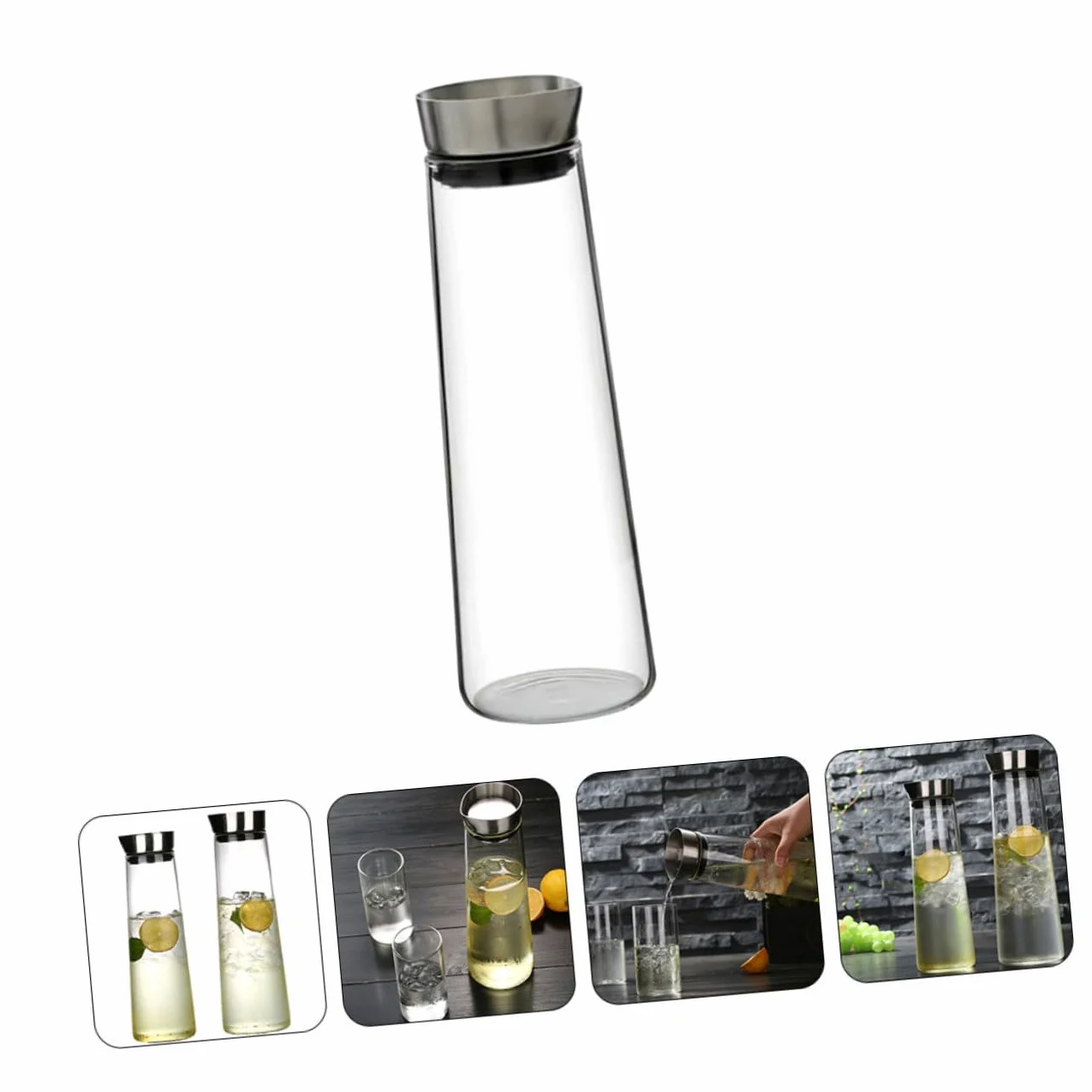 DOITOOL Jarra de Agua Fría de Vidrio de Borosilicato 1L Tapa de Acero Inoxidable Diseño Recto Antidesbordamiento Recipiente Transparente para Jugo Adecuado para Uso Doméstico y Oficina