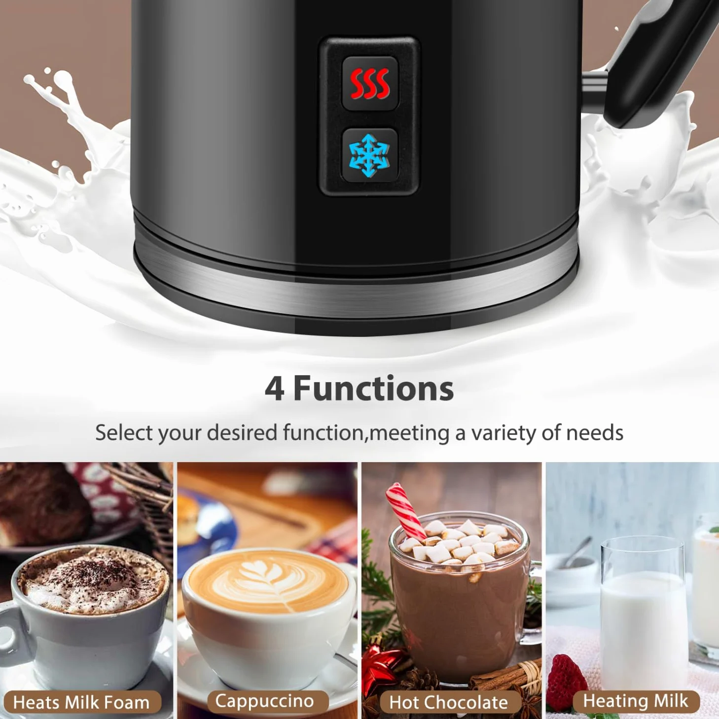 Aigostar Capu - Espumador de Leche Eléctrico 500W, 3 modos Espuma Leche Caliente/Fría para Café, Latte, Cappuccino,Chocolate, 115ml/240ml, Recubrimiento Antiadherente, Silencioso, Negro, 2 Pack