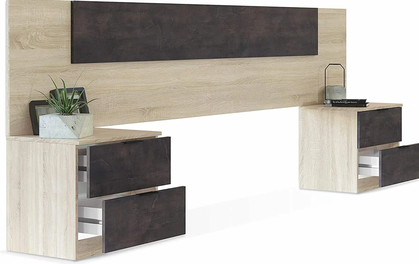 Mobelcenter – Cabezal y 2 Mesitas de Noche – Cabecero Matrimonio y 2 Mesitas de Noche – Color Roble Canadian y Óxido - Medidas: Ancho: 247 cm x Fondo: 38 cm x Alto: 95 cm - (1093)